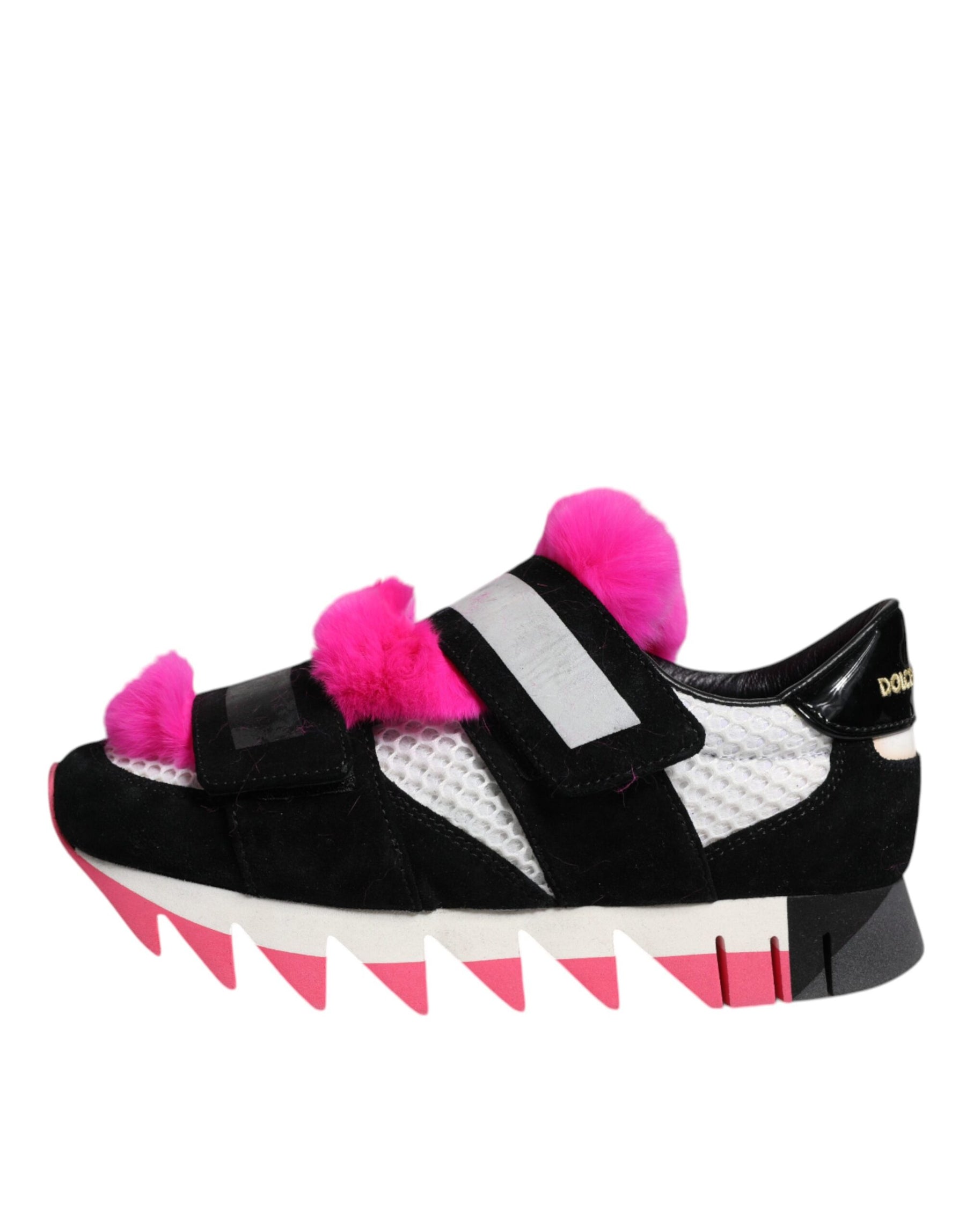 Dolce & Gabbana Black Pink Fur Embellished Sneakers Shoes | Regal Royce