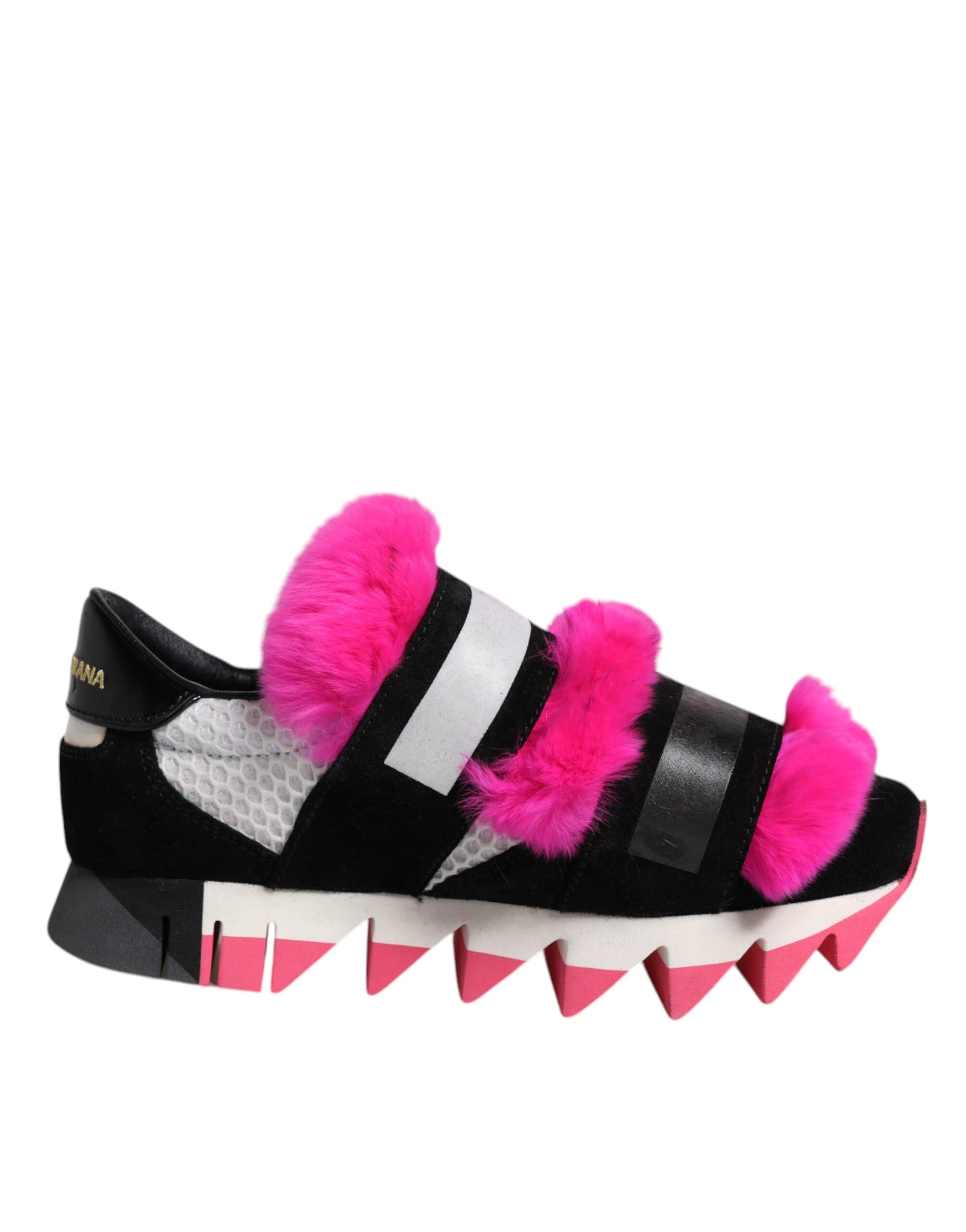 Dolce & Gabbana Black Pink Fur Embellished Sneakers Shoes | Regal Royce