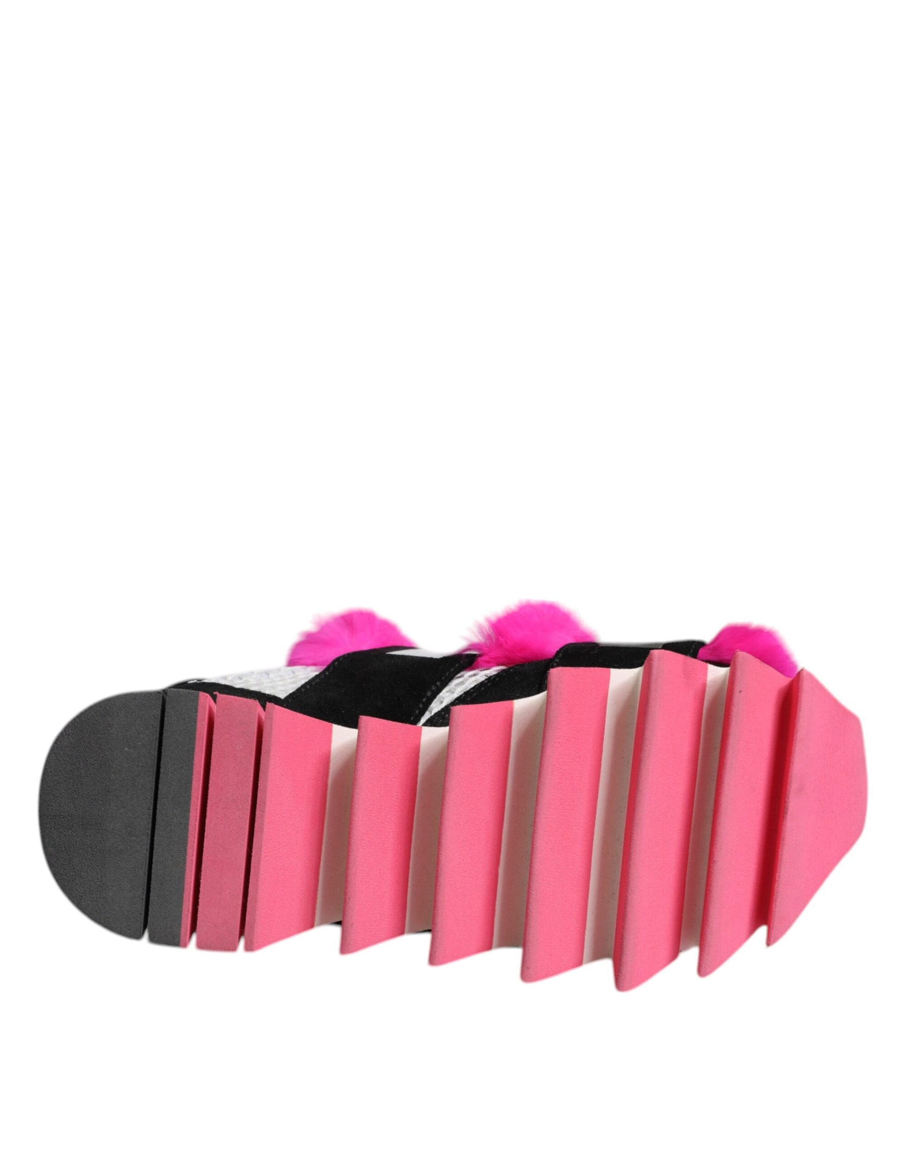 Dolce & Gabbana Black Pink Fur Embellished Sneakers Shoes | Regal Royce