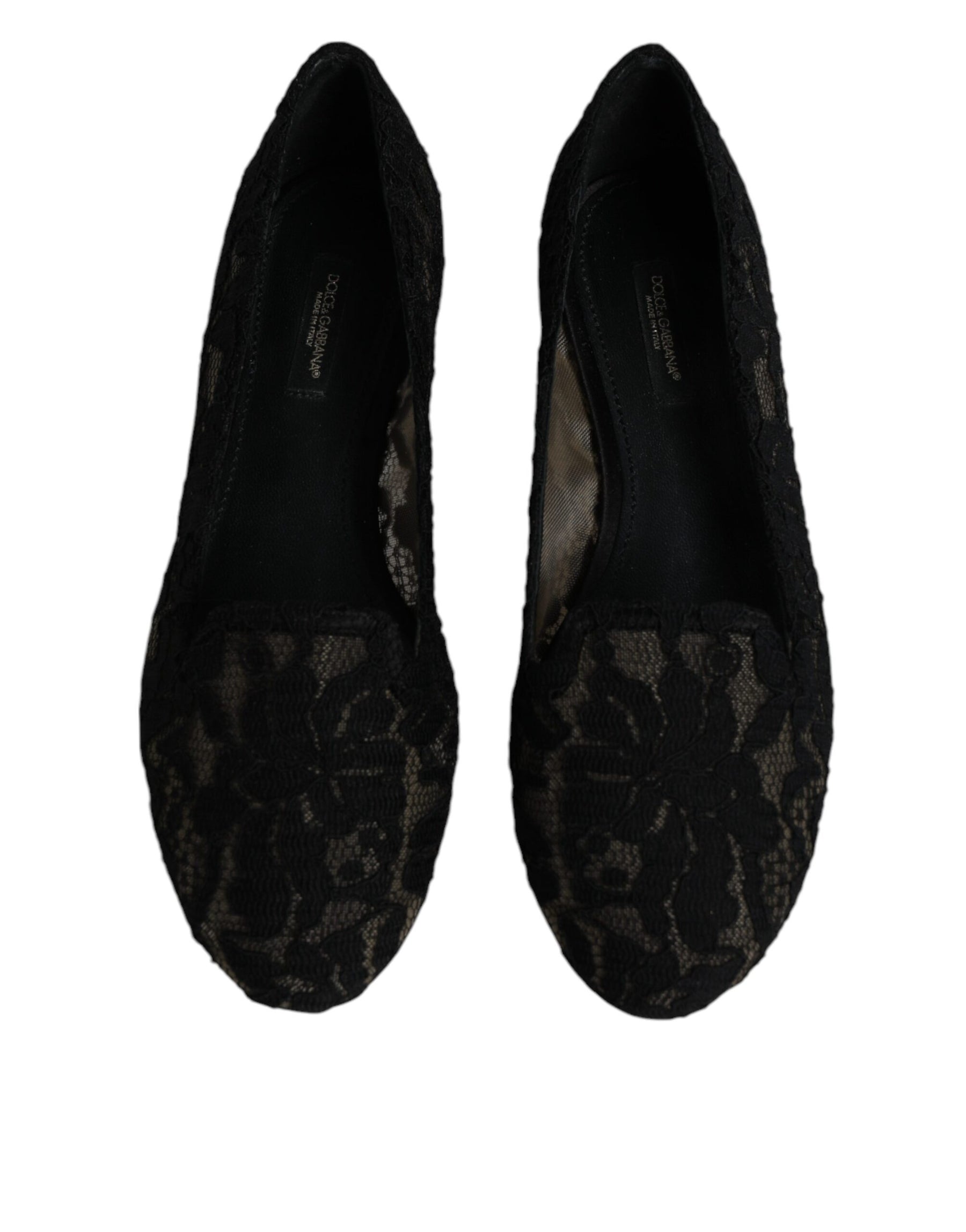 Dolce & Gabbana Black Taormina Lace Slip On Flats Shoes | Regal Royce