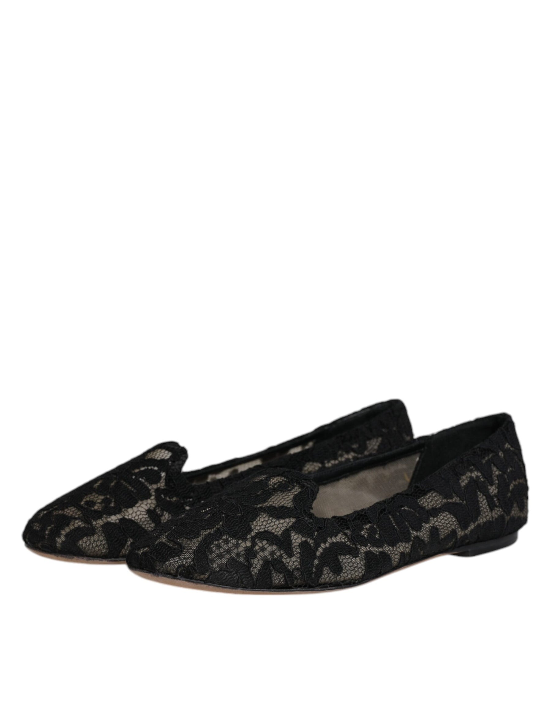 Dolce & Gabbana Black Taormina Lace Slip On Flats Shoes | Regal Royce