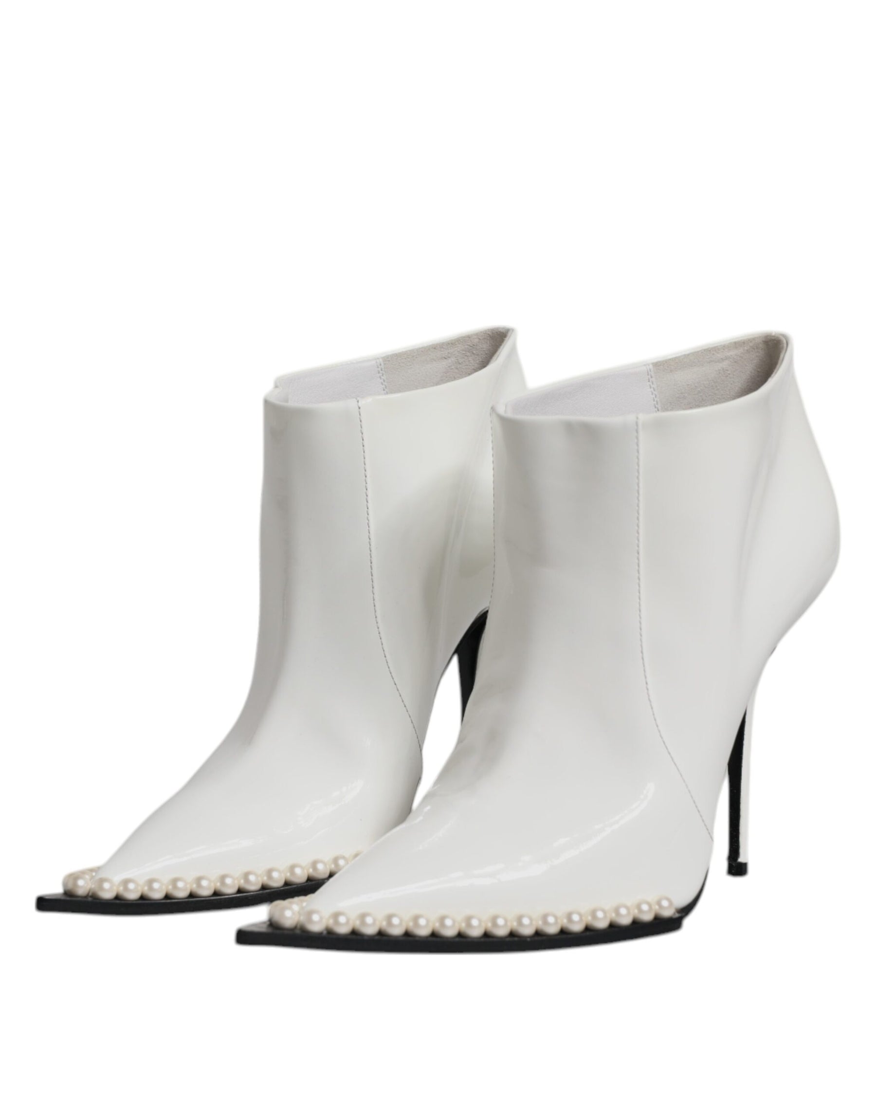 Dolce & Gabbana White Faux Pearl Leather Pointed Toe Ankle Boot Shoes | Regal Royce
