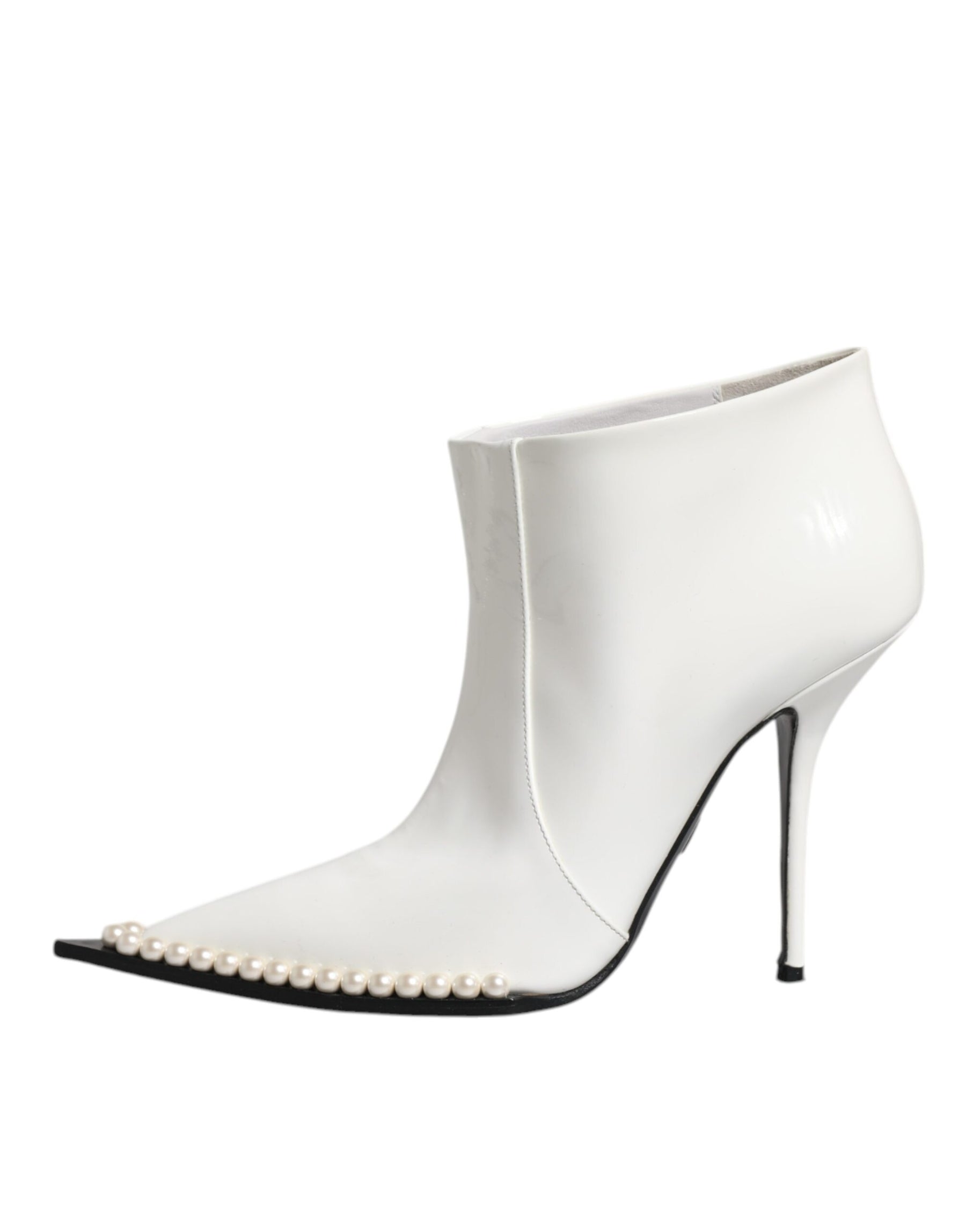 Dolce & Gabbana White Faux Pearl Leather Pointed Toe Ankle Boot Shoes | Regal Royce