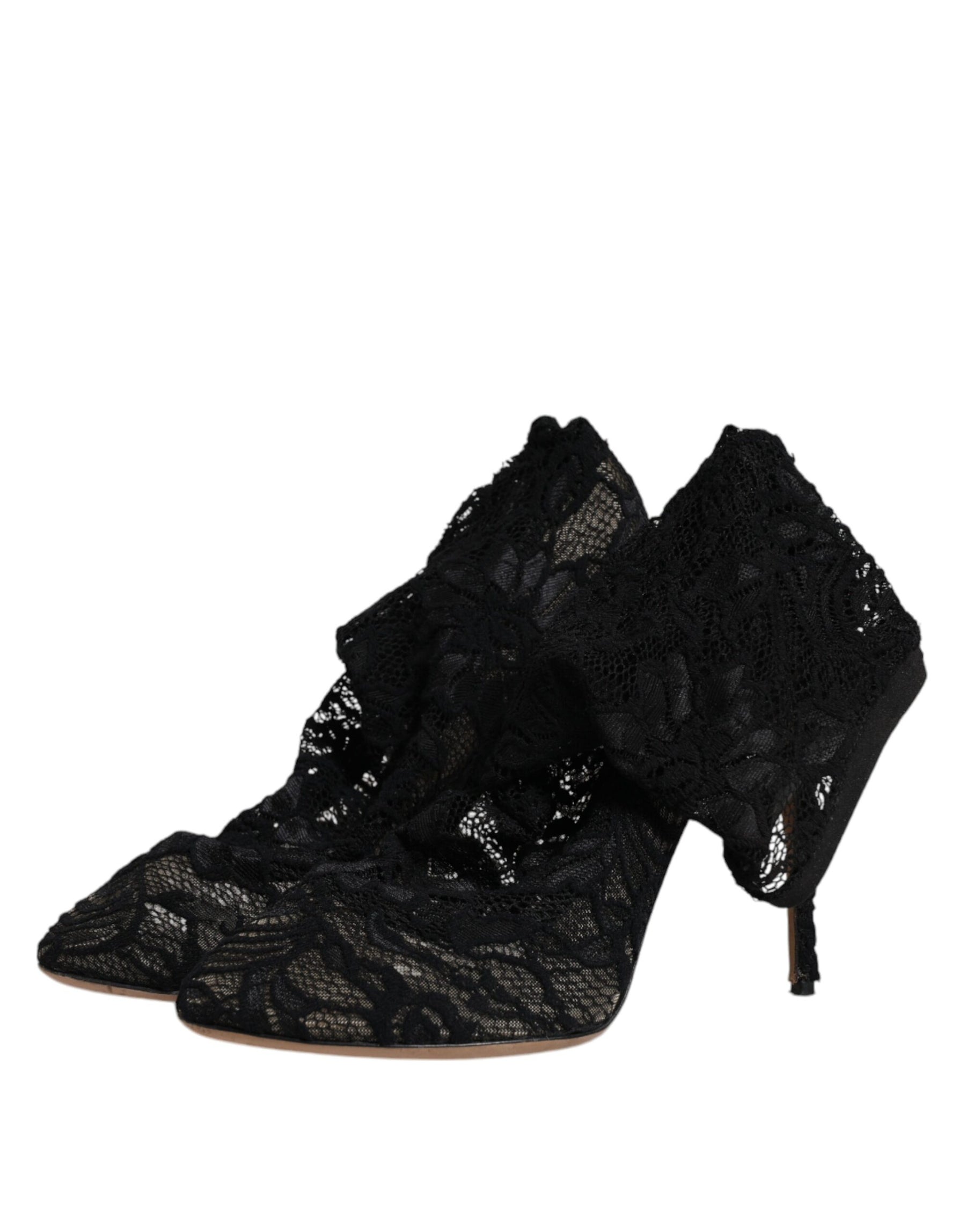 Dolce & Gabbana Black Lace Stretch Heels Mid Calf Boots Shoes | Regal Royce