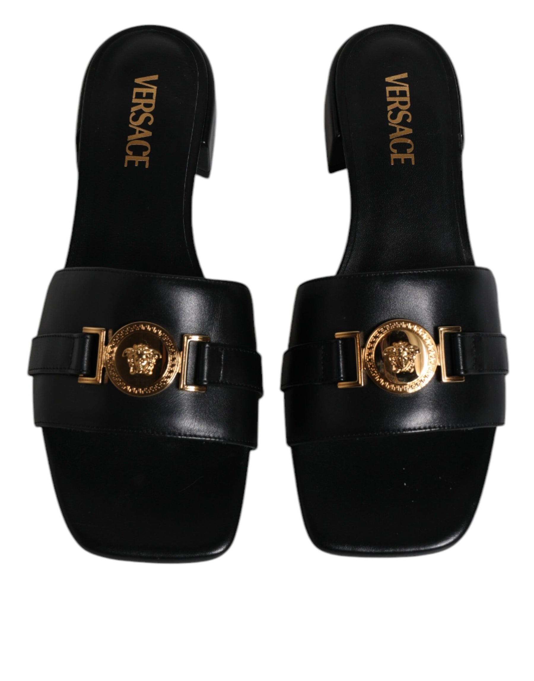 Versace Black Leather Logo Plaque Slip On Slides Flats Shoes | Regal Royce