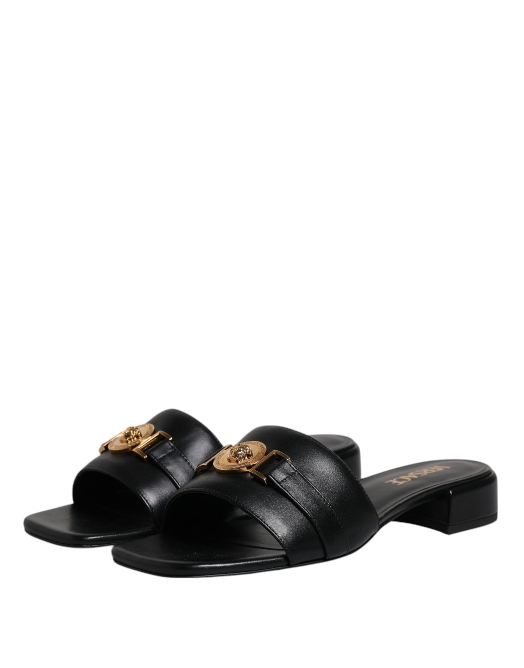 Versace Black Leather Logo Plaque Slip On Slides Flats Shoes | Regal Royce