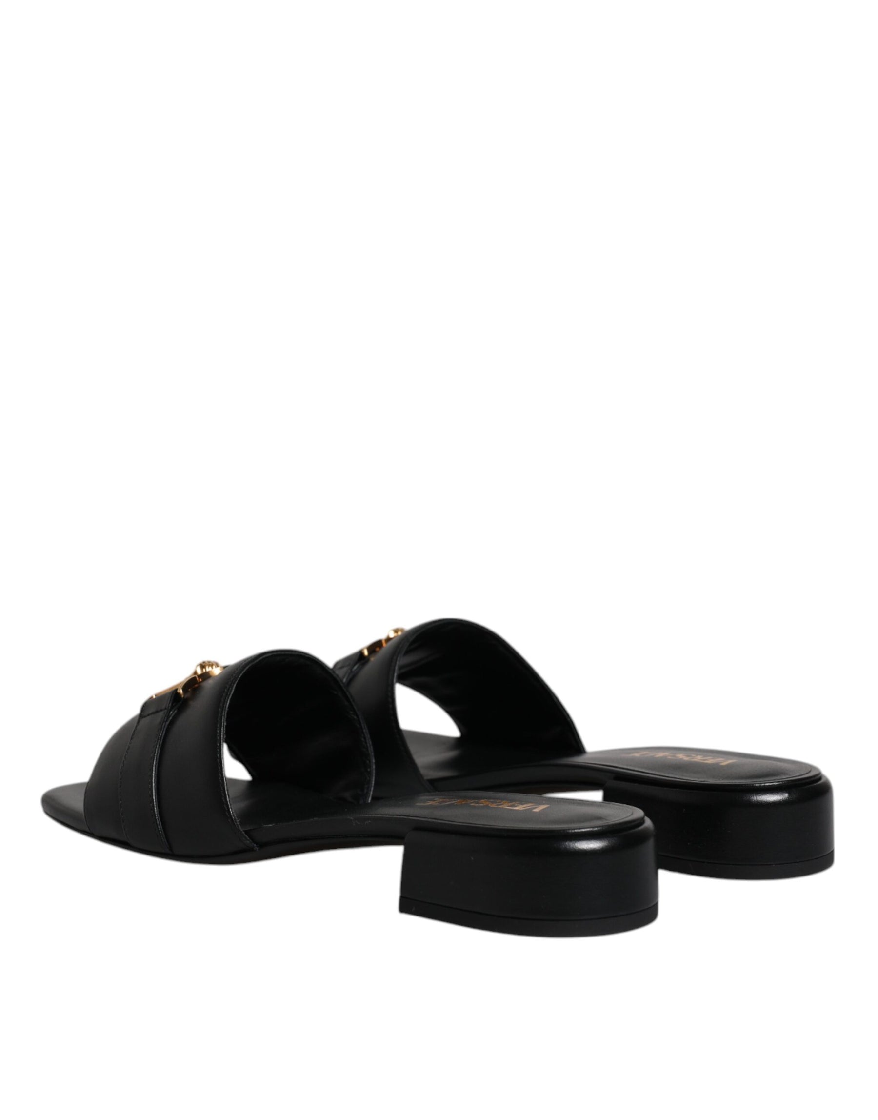 Versace Black Leather Logo Plaque Slip On Slides Flats Shoes | Regal Royce