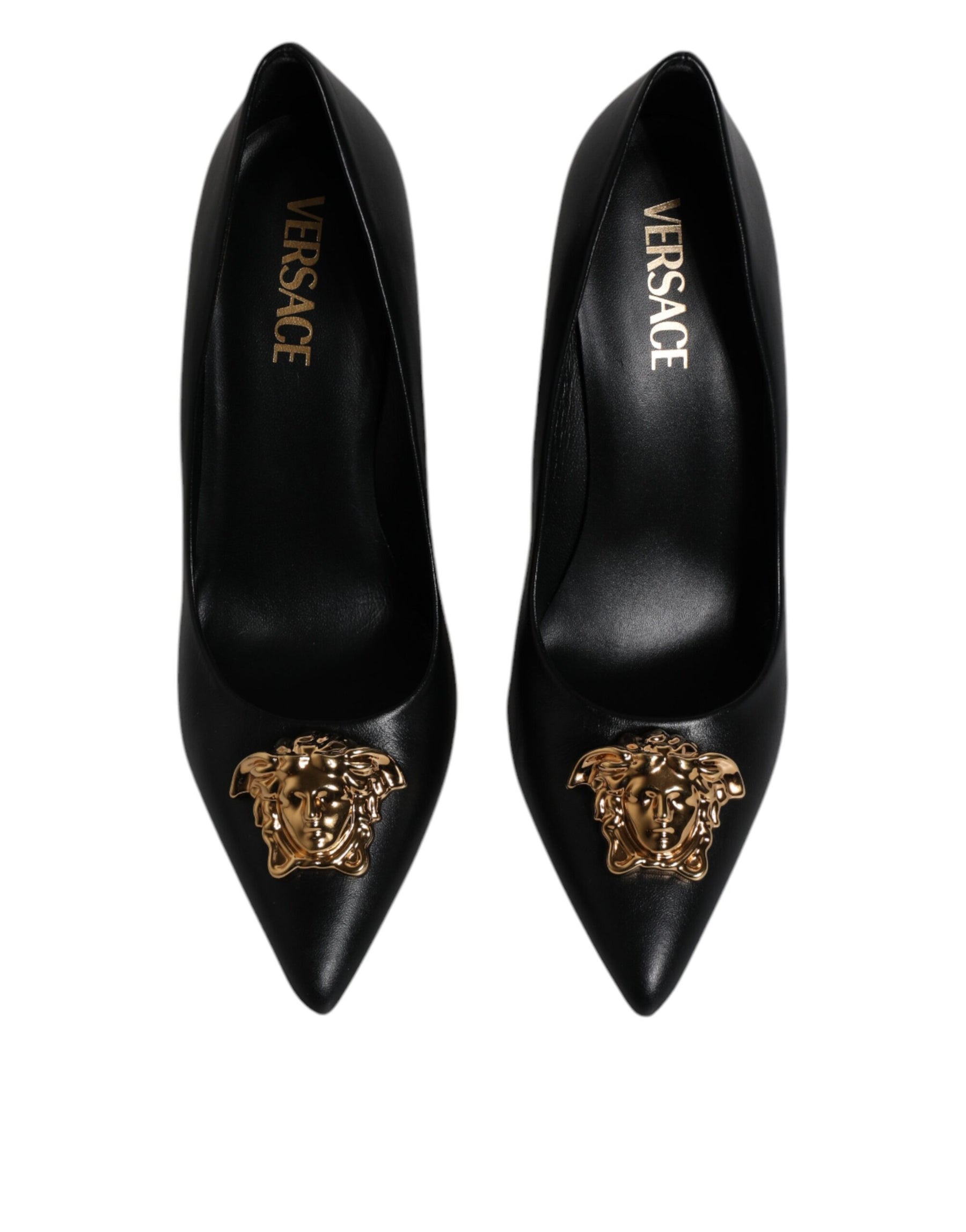 Versace Black Leather Logo Plaque High Heels Pumps Shoes | Regal Royce
