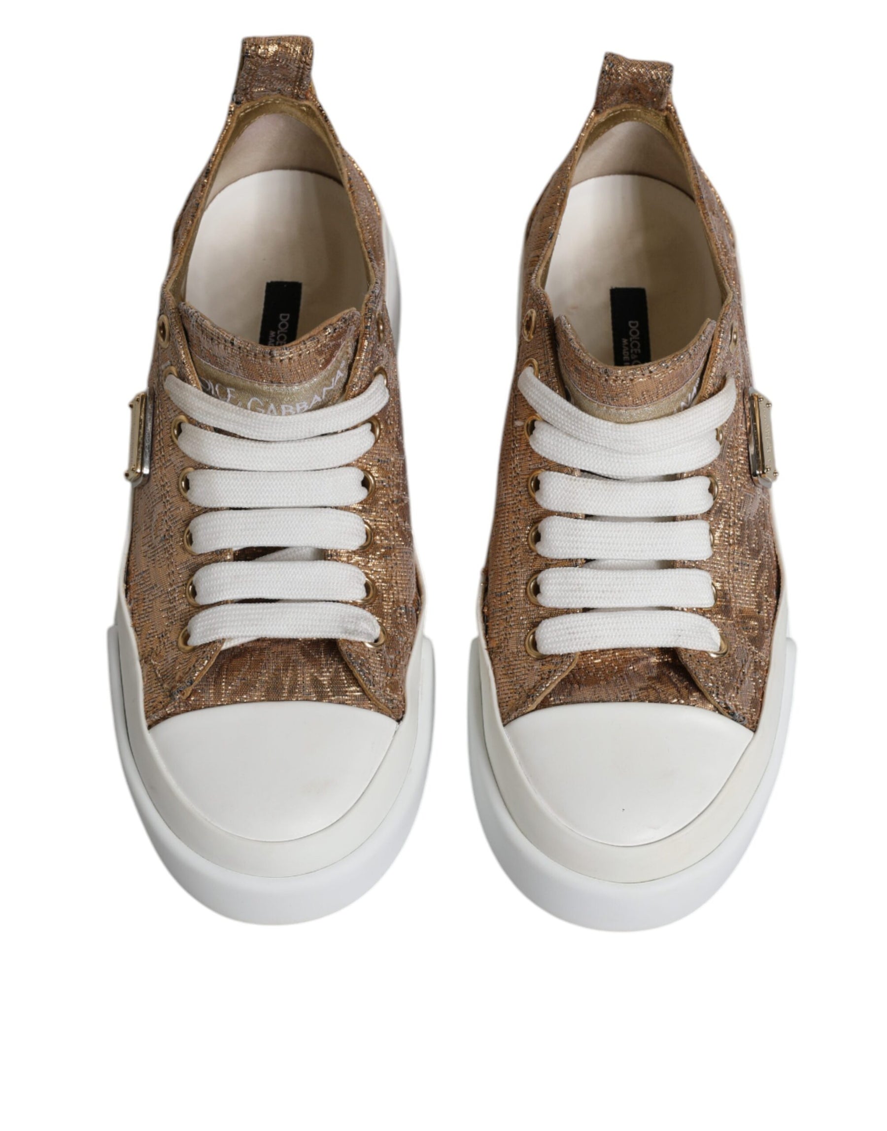 Dolce & Gabbana Gold White Logo Low Top Sneakers Shoes | Regal Royce