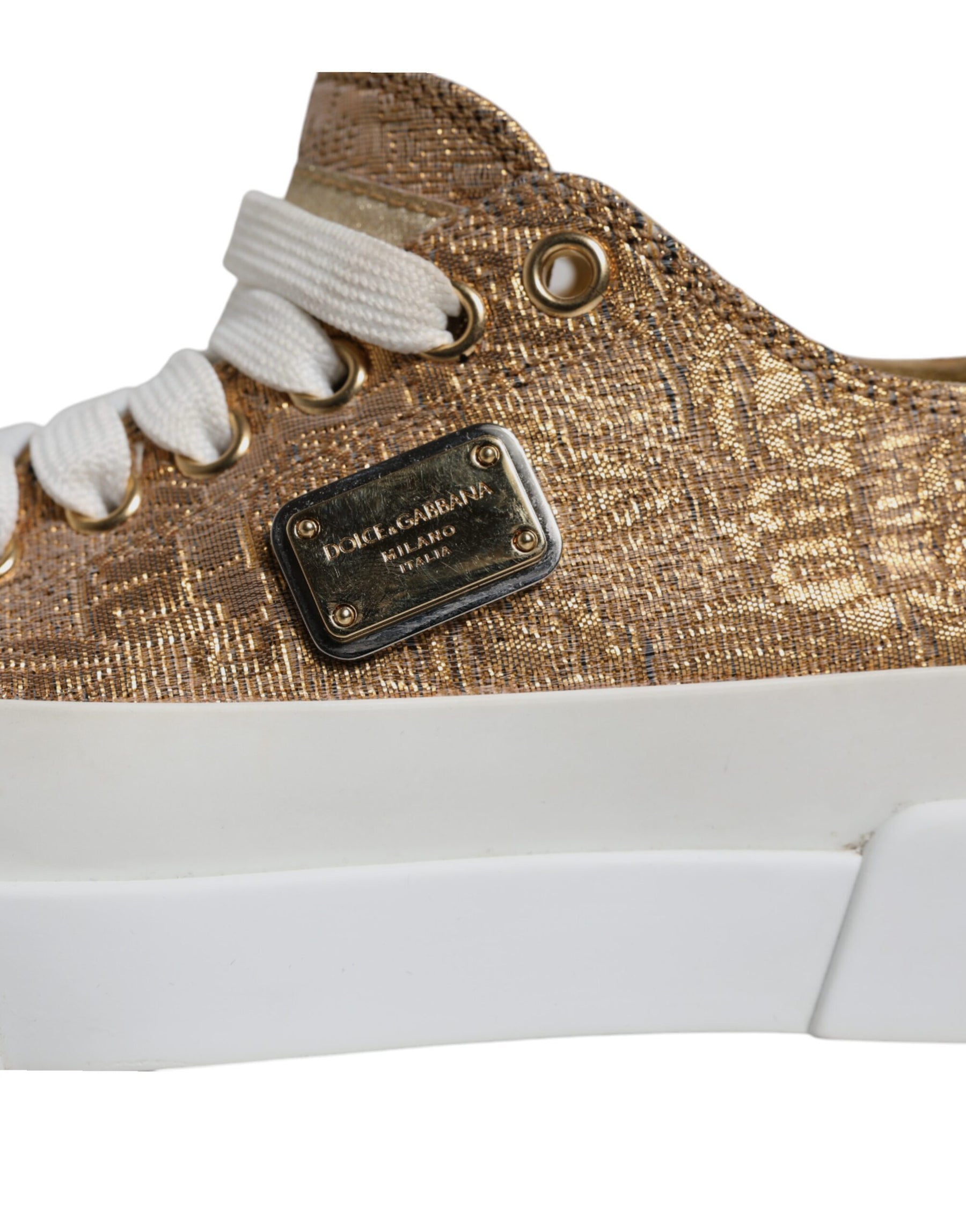 Dolce & Gabbana Gold White Logo Low Top Sneakers Shoes | Regal Royce