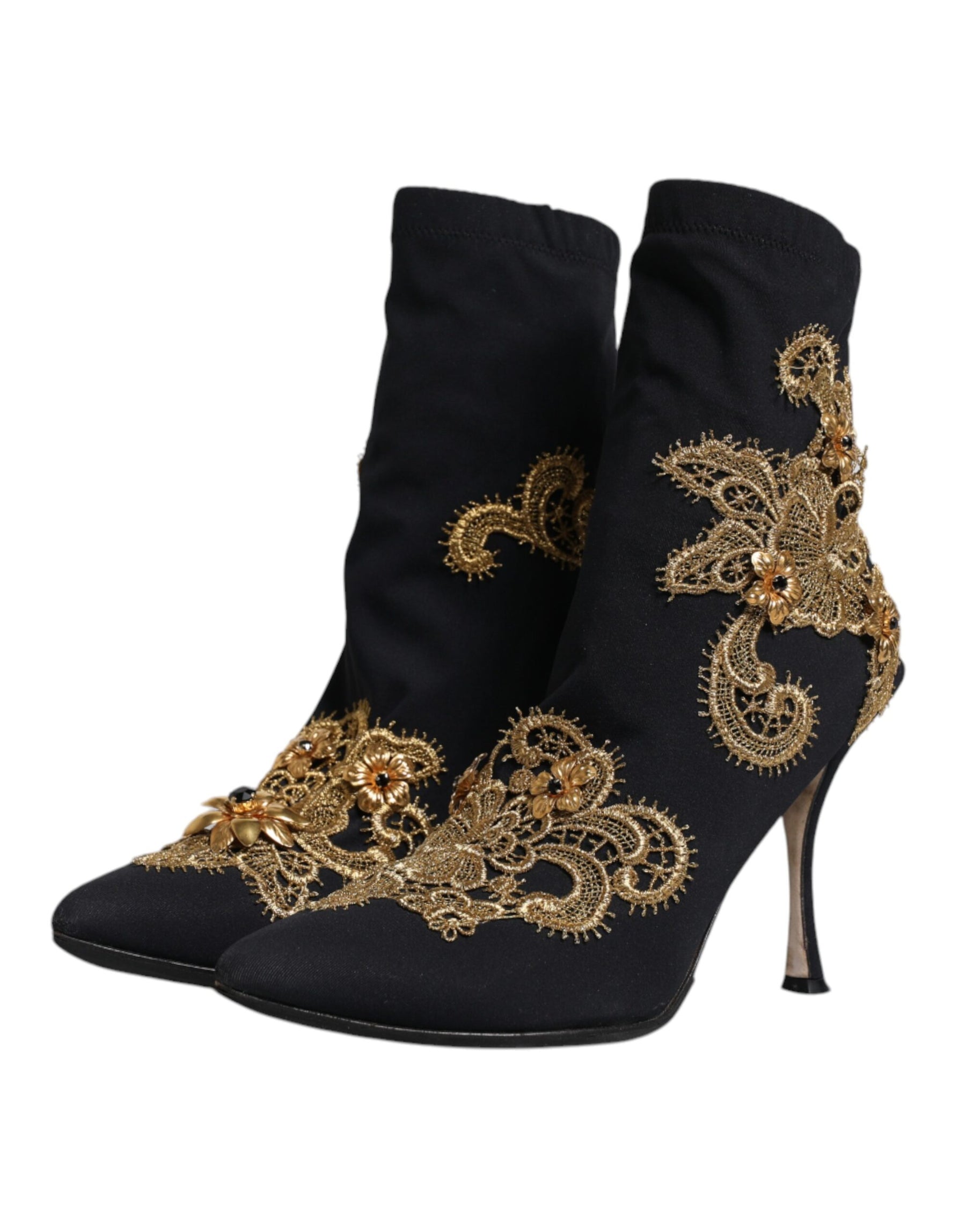 Dolce & Gabbana Black Gold Embroidery Slip On Boots Shoes | Regal Royce