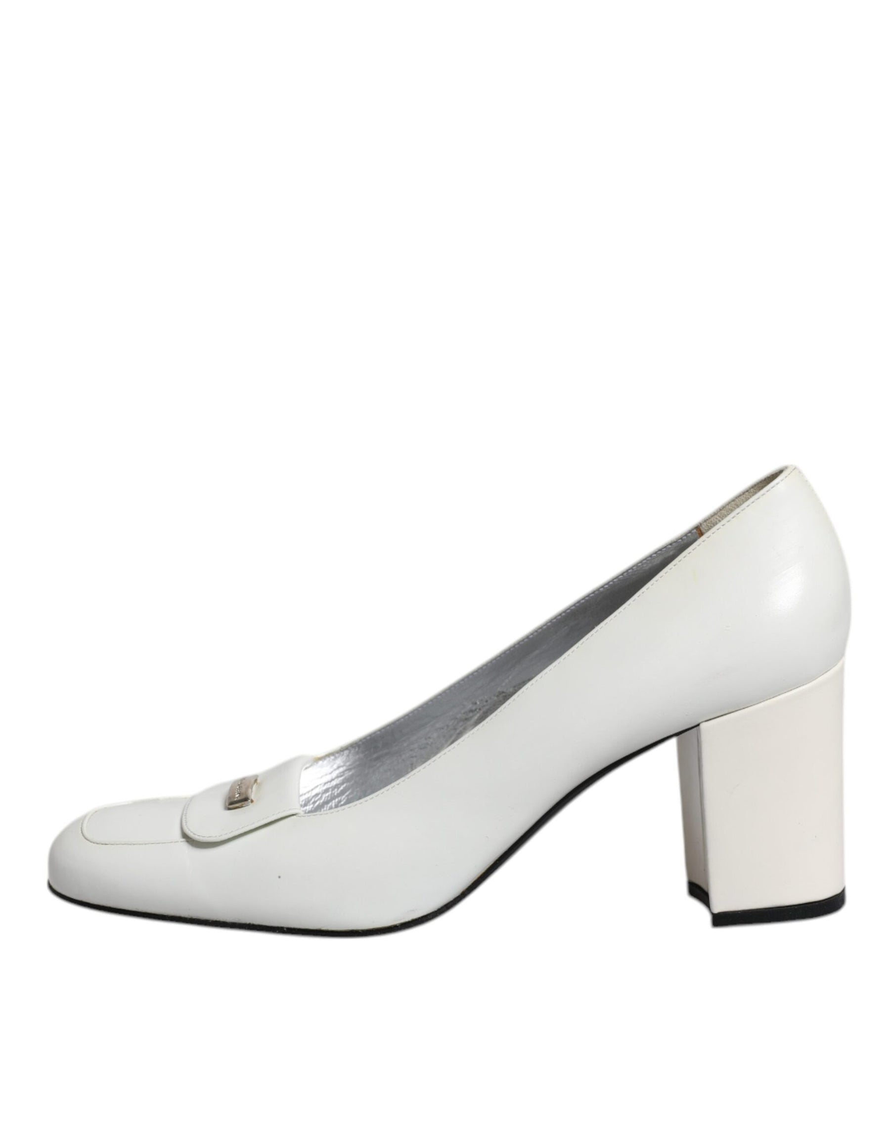 Dolce & Gabbana White Leather Block Heels Pumps Shoes | Regal Royce