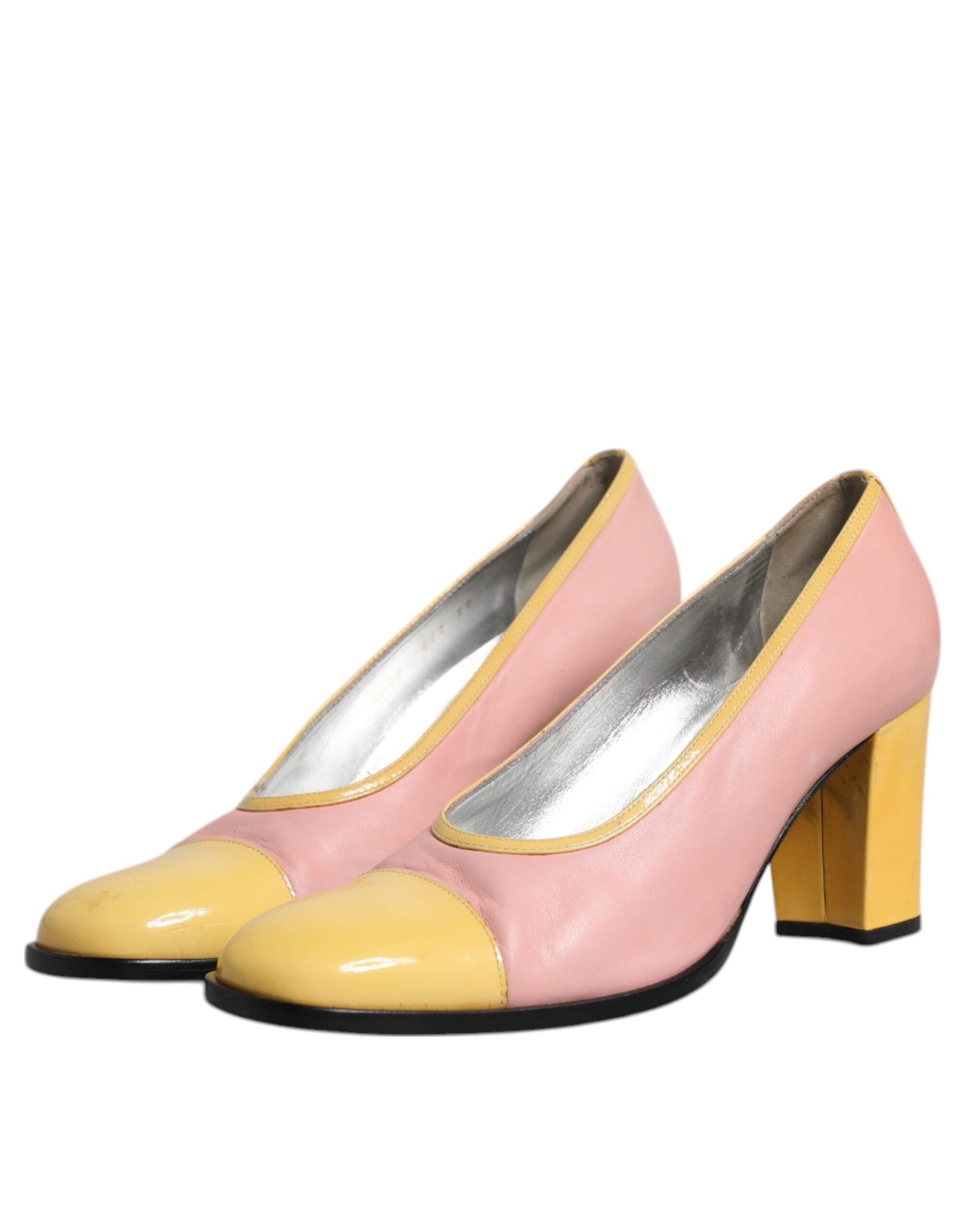 Dolce & Gabbana Pink Yellow Leather Block Heels Pumps Shoes | Regal Royce