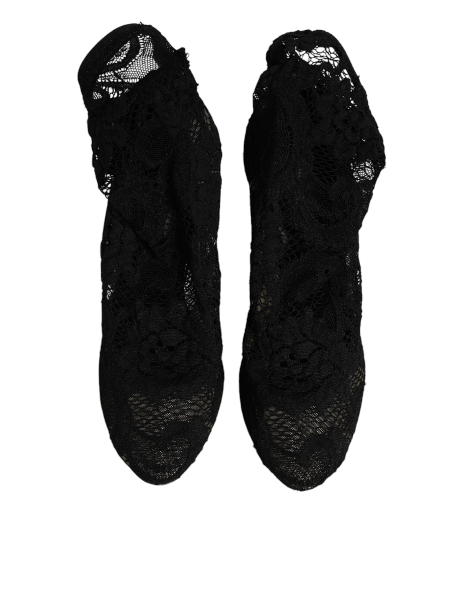 Dolce & Gabbana Black Lace Stretch Heels Mid Calf Boots Shoes | Regal Royce