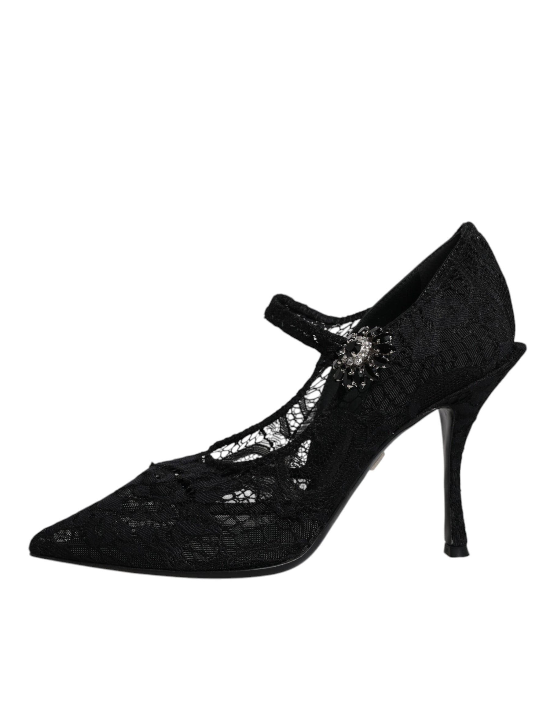 Dolce & Gabbana Black Lace Crystals Mary Jane Pumps Shoes | Regal Royce