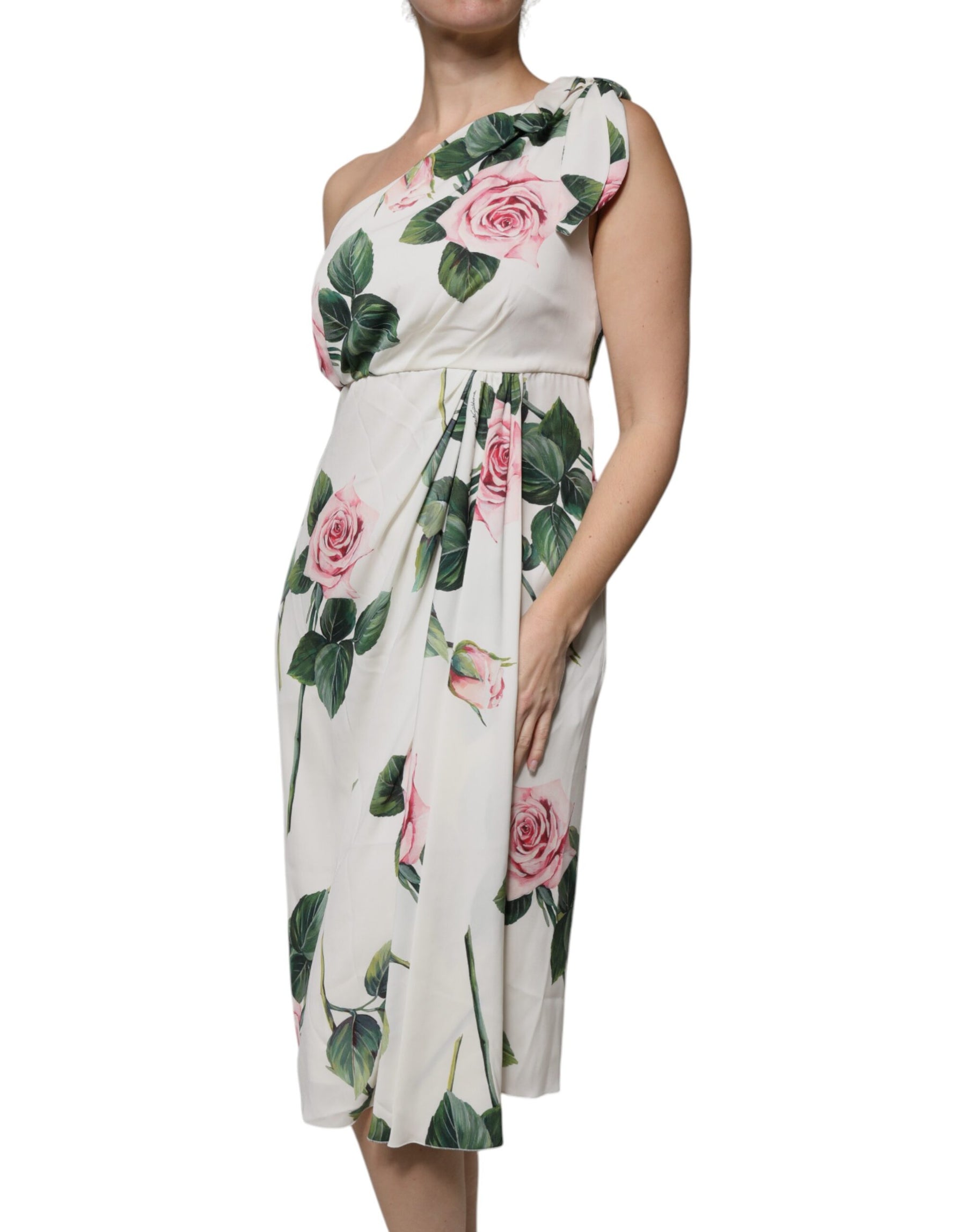 Dolce & Gabbana White Floral Silk One Shoulder Midi Dress | Regal Royce