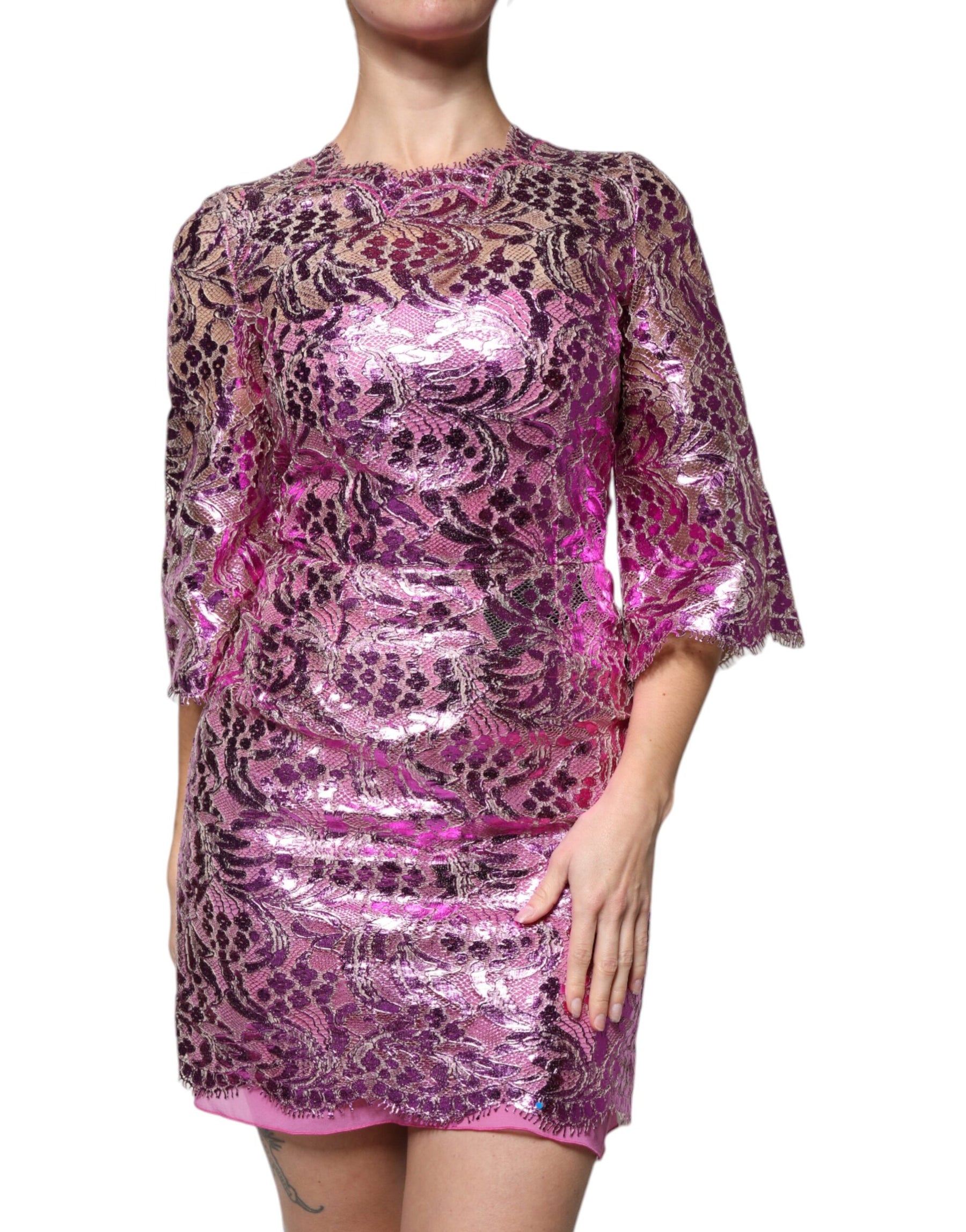 Dolce & Gabbana Metallic Fuchsia Floral Sheath Mini Dress | Regal Royce
