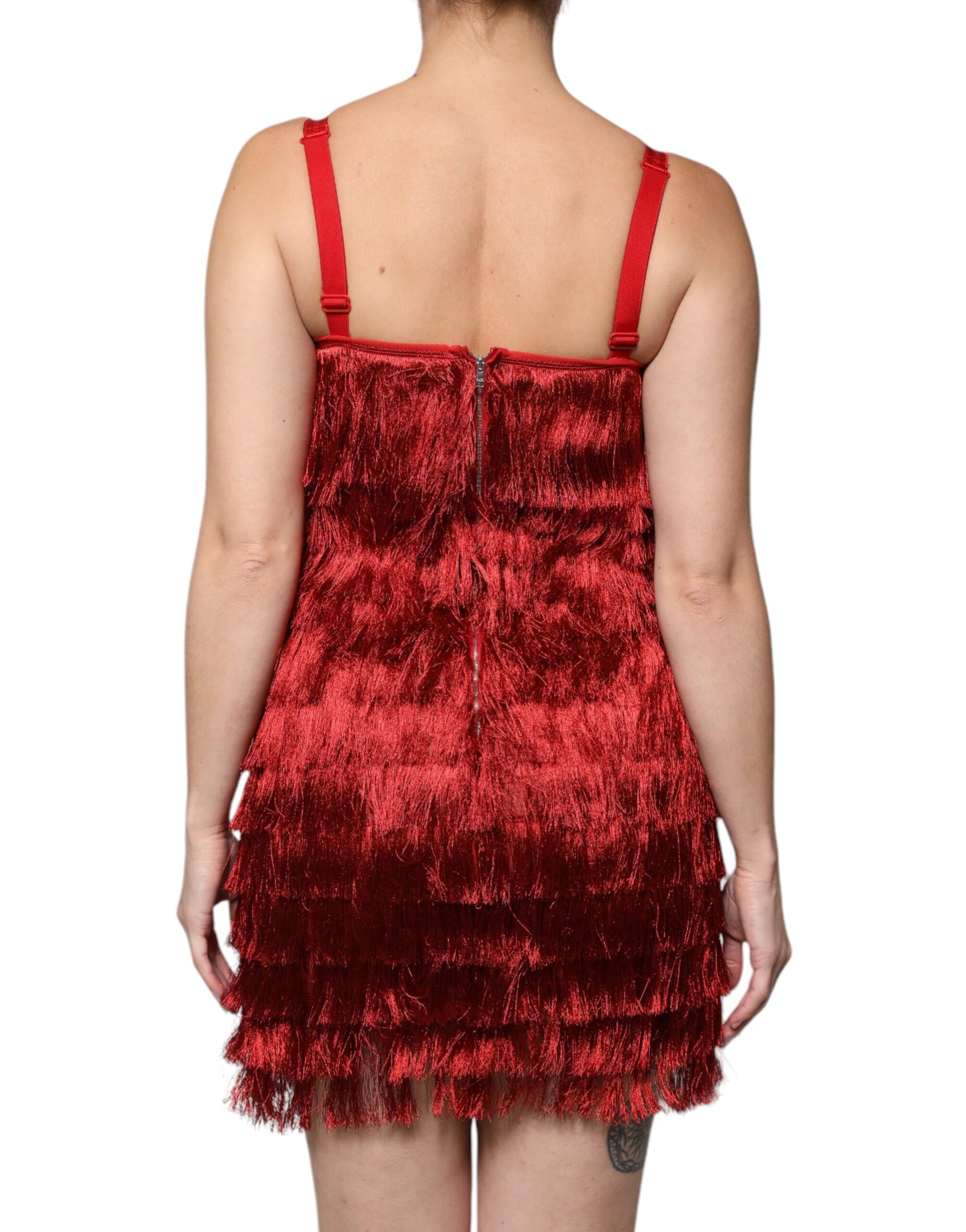 Dolce & Gabbana Red Lace Tassel Sleeveless Sheath Mini Dress | Regal Royce
