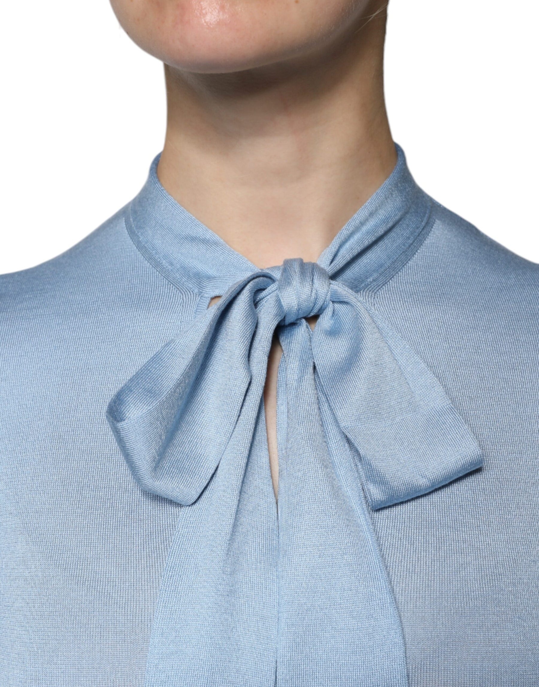 Dolce & Gabbana Blue Silk Knit Pullover Ascot Collar Top | Regal Royce