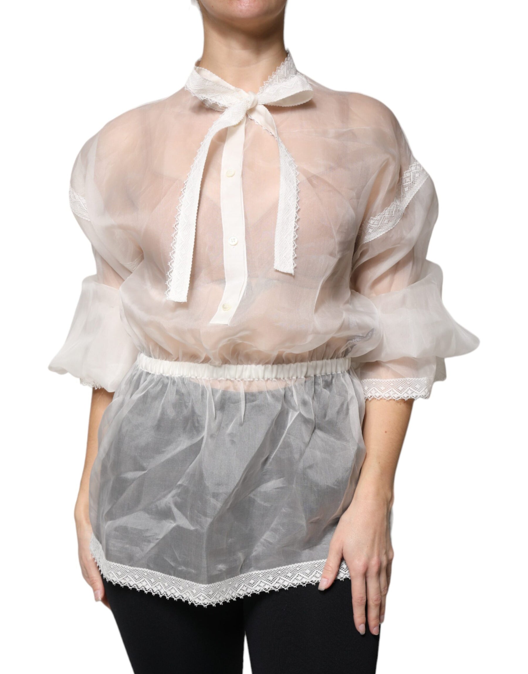 Dolce & Gabbana White Ascot Collar Long Sleeves Blouse Top | Regal Royce