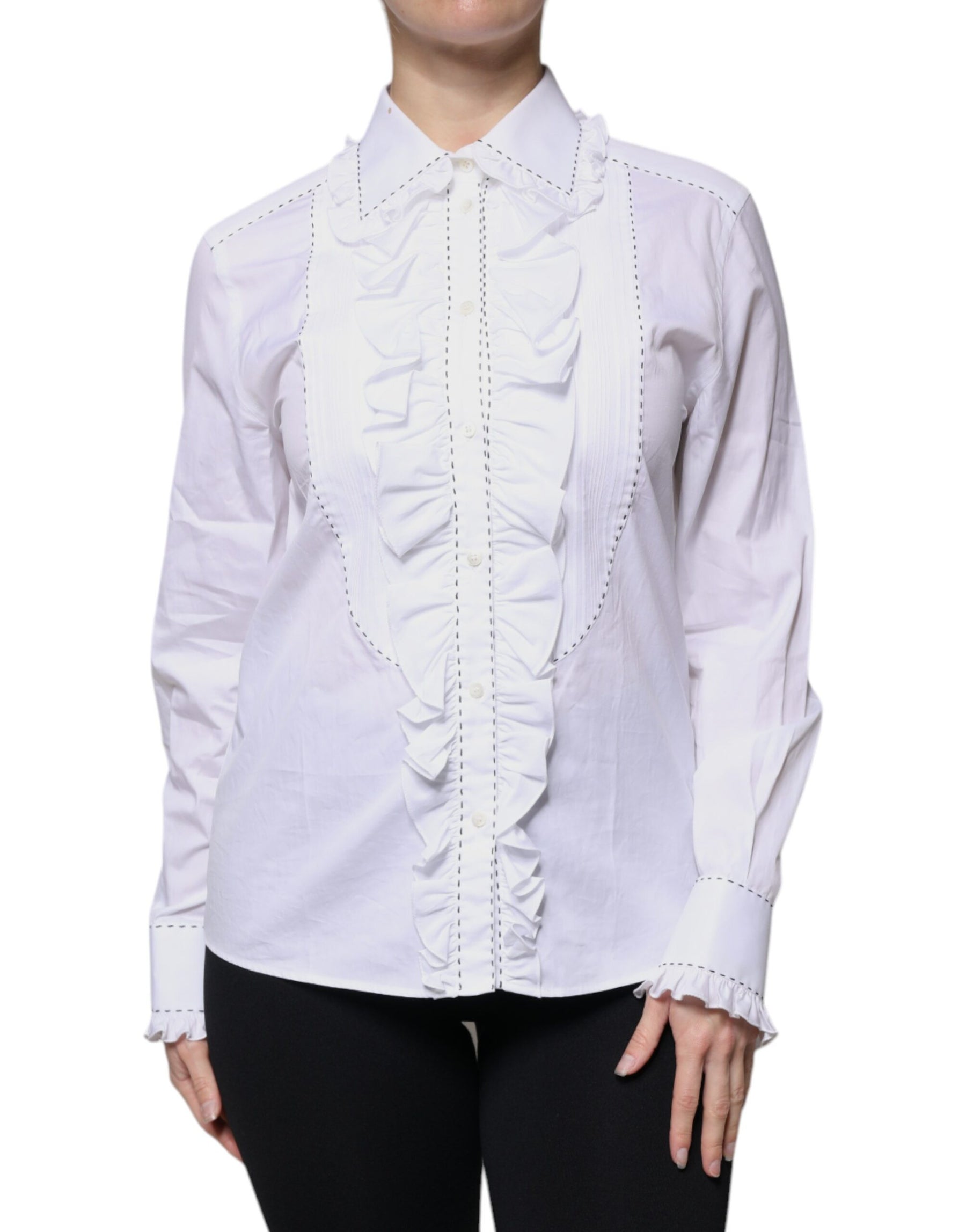 Dolce & Gabbana White Cotton Long Sleeves Ruffle Collar Top | Regal Royce