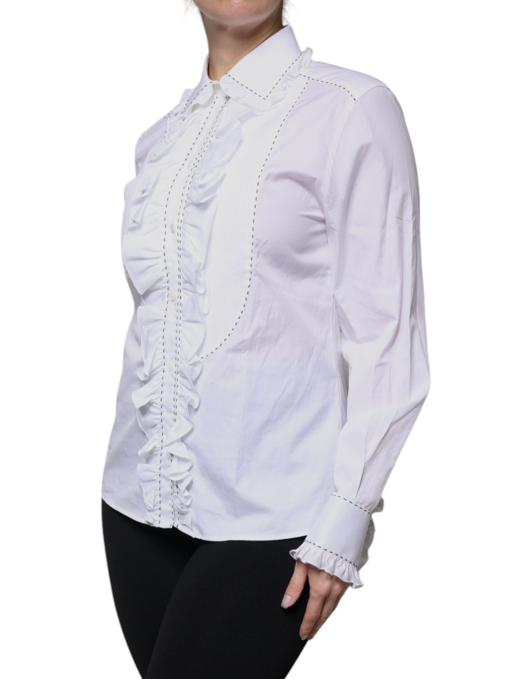 Dolce & Gabbana White Cotton Long Sleeves Ruffle Collar Top | Regal Royce