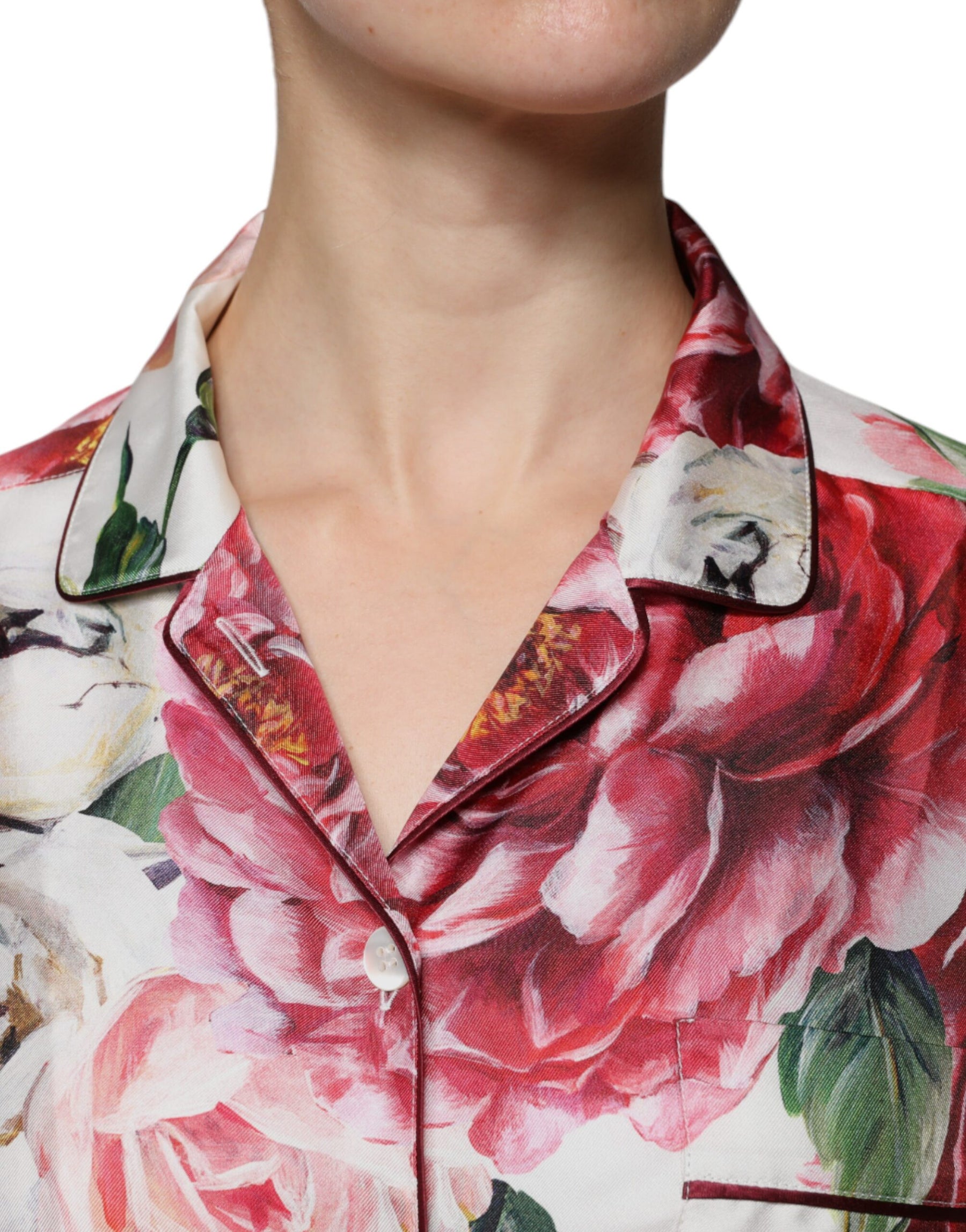 Dolce & Gabbana White Peony Silk Long Sleeves Collared Blouse Top | Regal Royce
