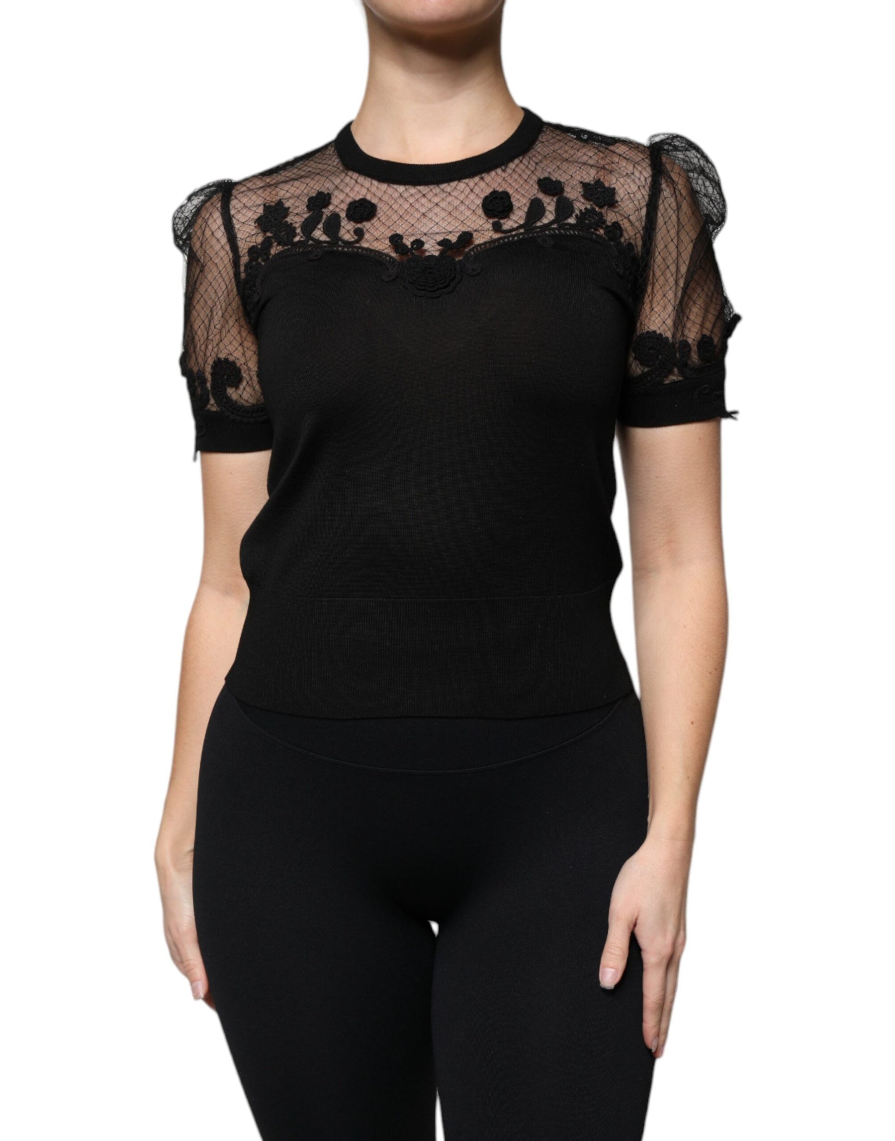 Dolce & Gabbana Black Floral Lace Short Sleeves Blouse Top | Regal Royce