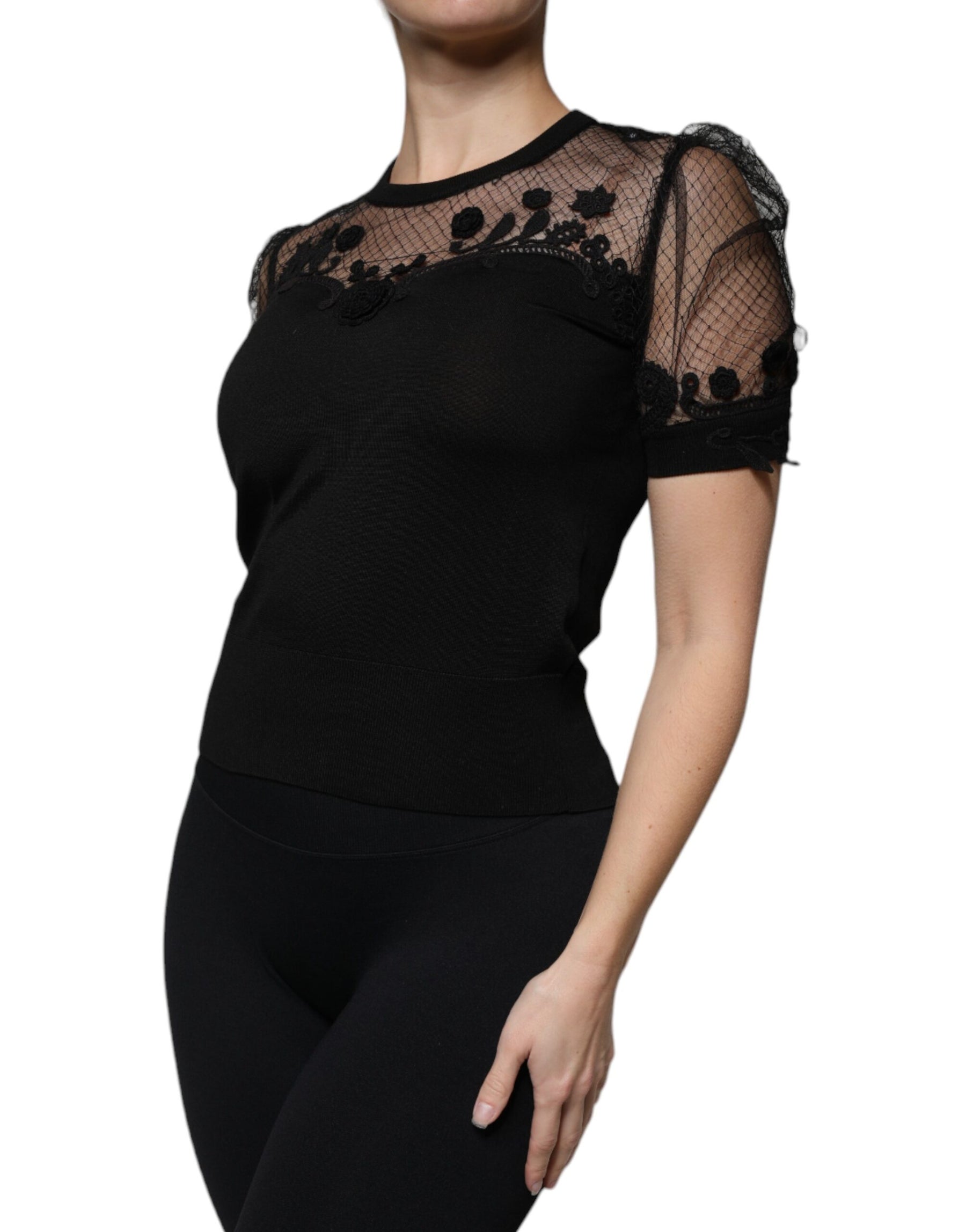 Dolce & Gabbana Black Floral Lace Short Sleeves Blouse Top | Regal Royce