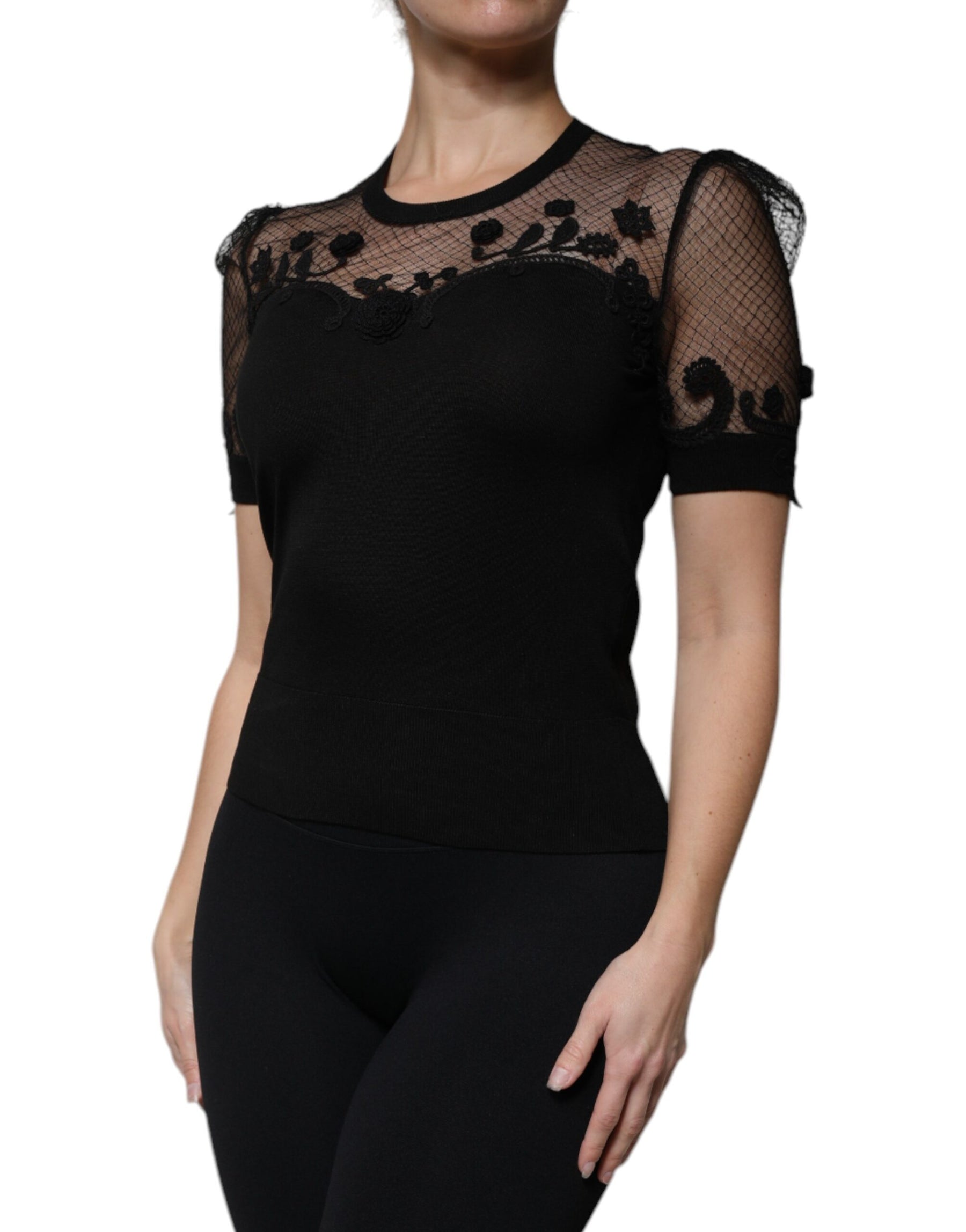Dolce & Gabbana Black Floral Lace Short Sleeves Blouse Top | Regal Royce