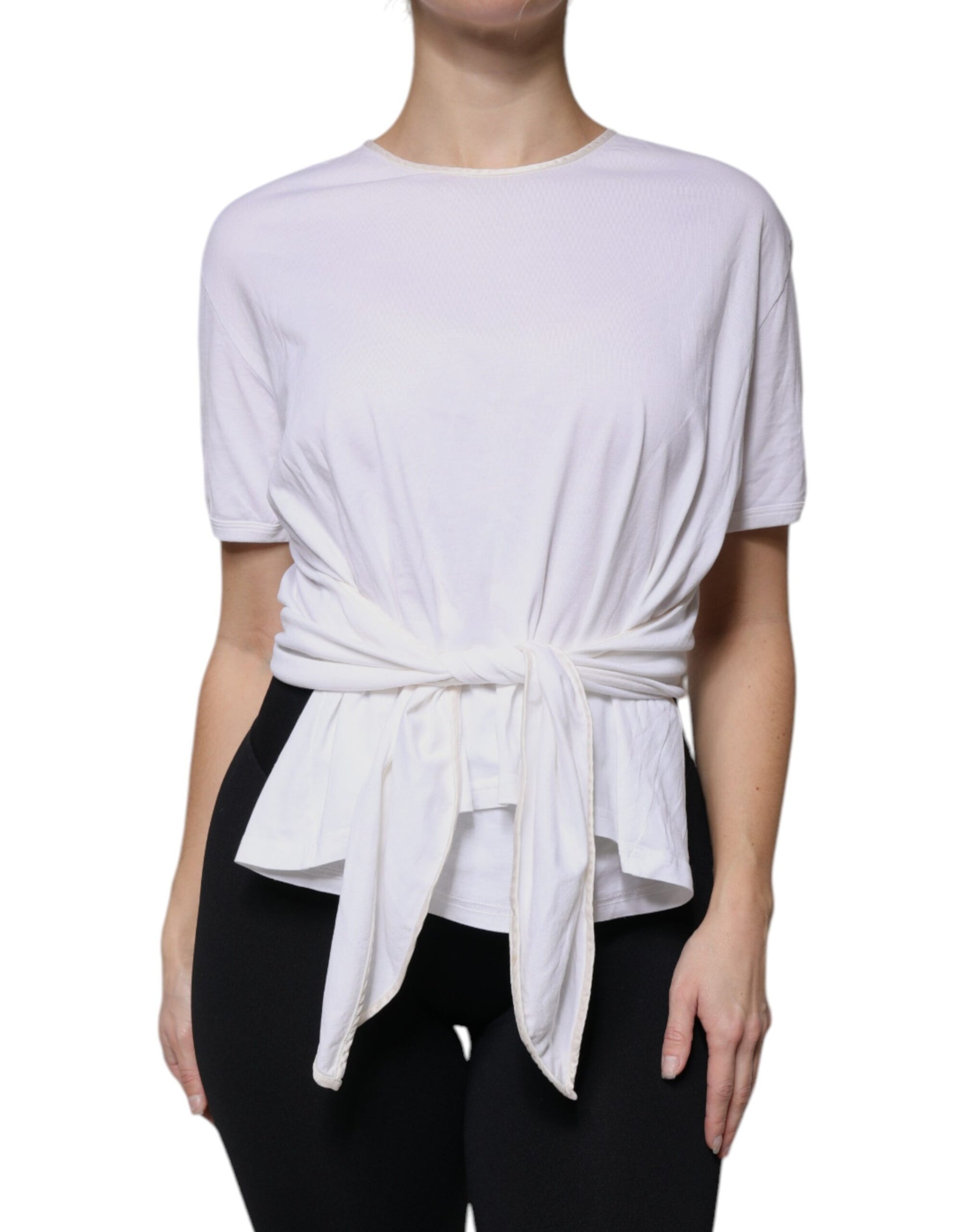 Dolce & Gabbana White Cotton Silk Round Neck Wrap Blouse Top | Regal Royce