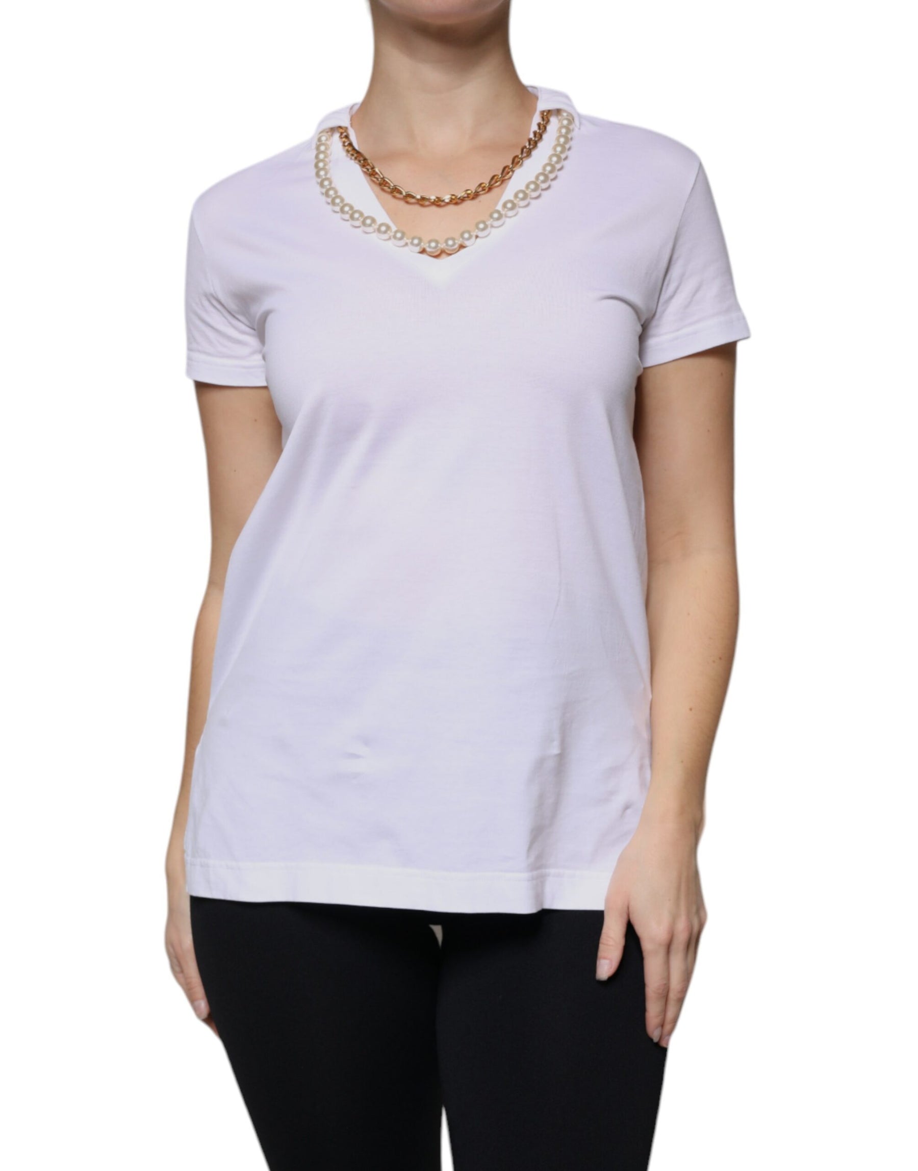Dolce & Gabbana White Cotton Necklace Chain Short Sleeves T-shirt | Regal Royce