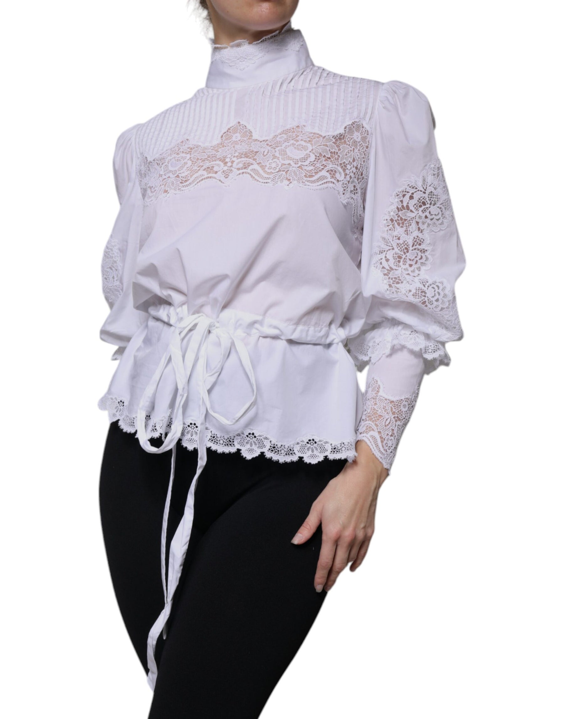 Dolce & Gabbana White Cotton Lace Trim Turtleneck Blouse Top | Regal Royce