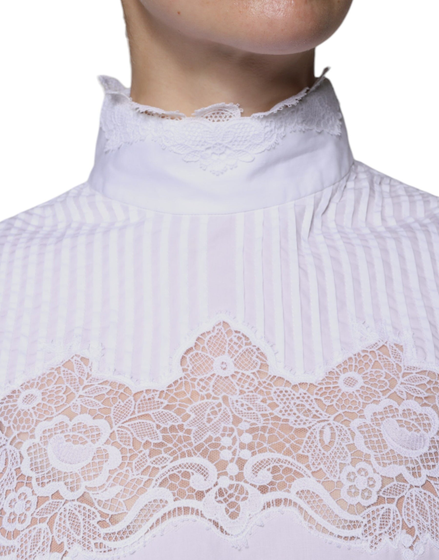 Dolce & Gabbana White Cotton Lace Trim Turtleneck Blouse Top | Regal Royce