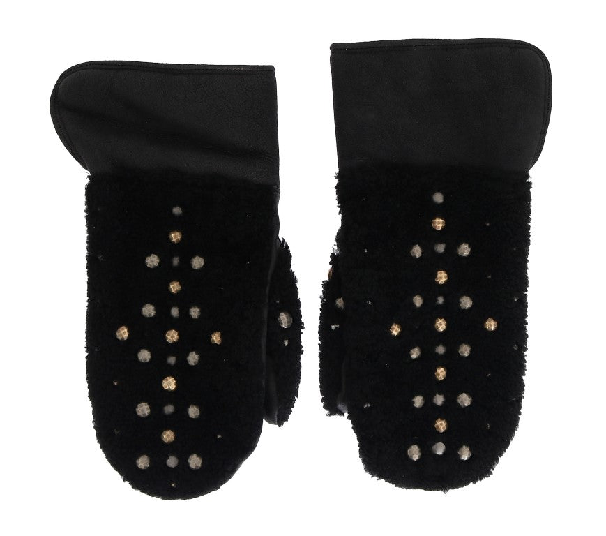 Dolce & Gabbana Black Leather Shearling Studded Gloves | Regal Royce