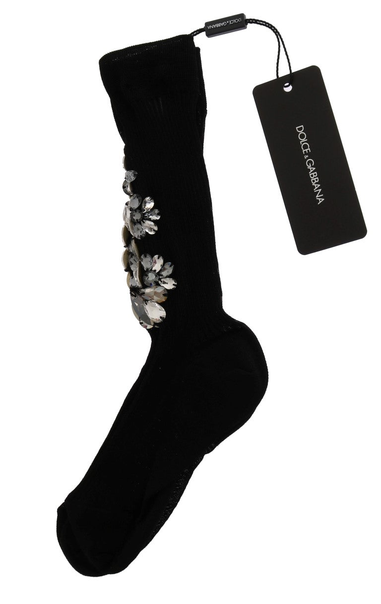 Dolce & Gabbana Black Knitted Floral Clear Crystal Socks | Regal Royce
