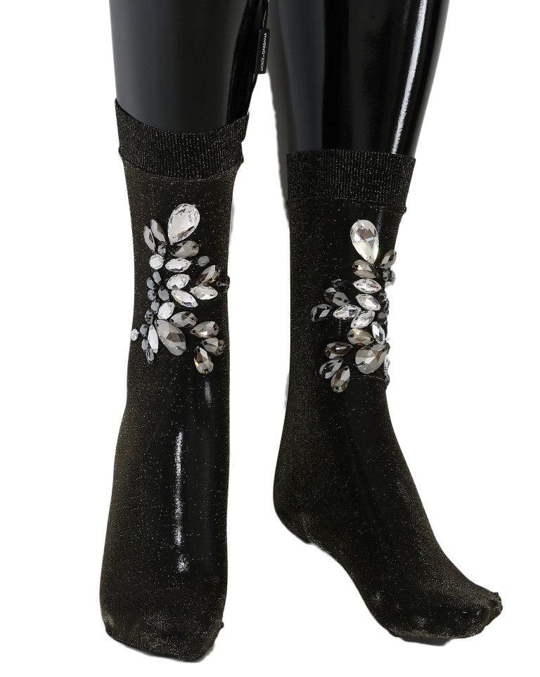 Dolce & Gabbana Black Stretch Floral Clear Crystal Socks | Regal Royce