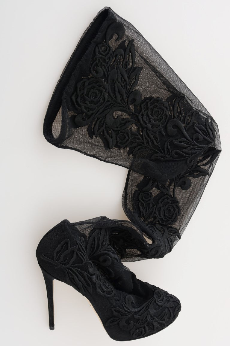 Dolce & Gabbana Black Floral Embroidered Socks Boots | Regal Royce