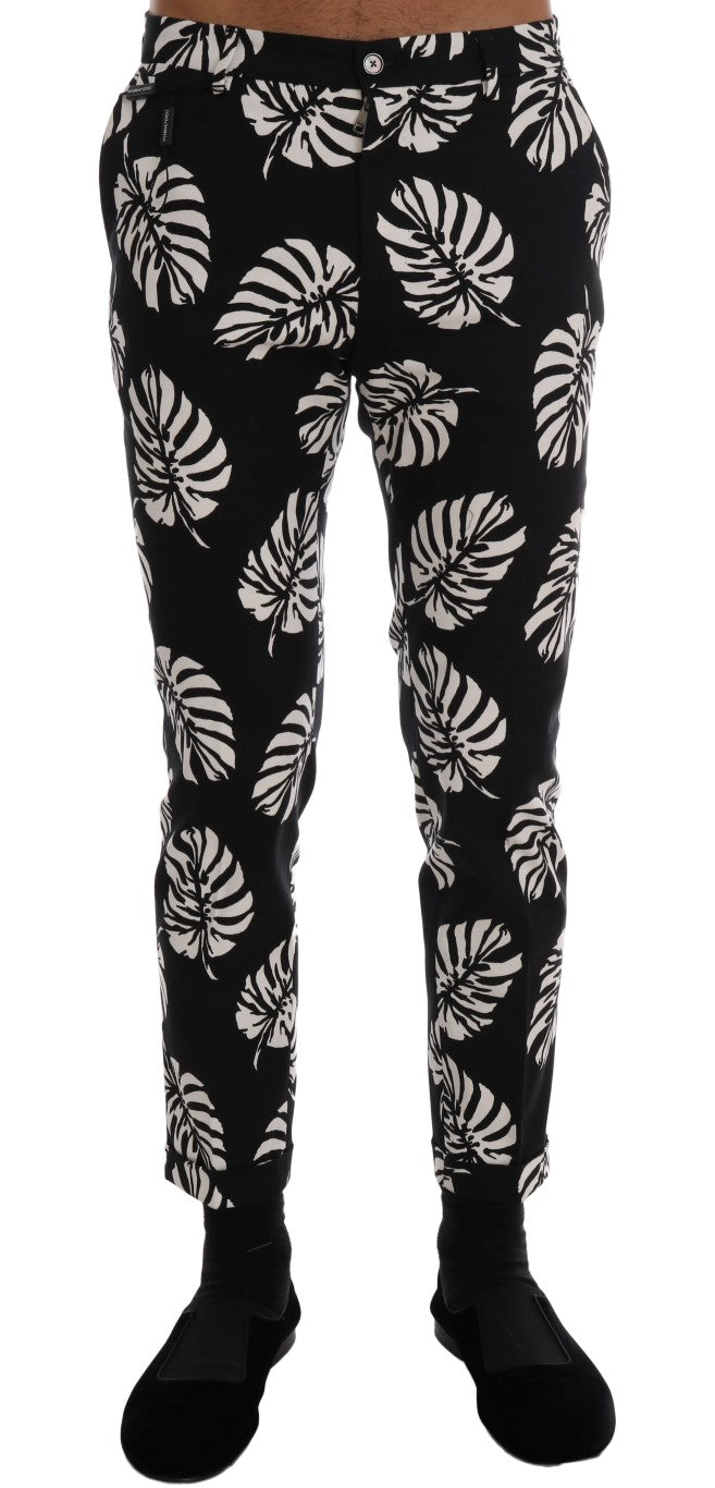Dolce & Gabbana White Black Leaf Cotton Stretch Slim Pants | Regal Royce