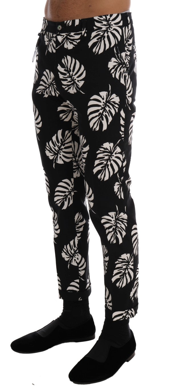 Dolce & Gabbana White Black Leaf Cotton Stretch Slim Pants | Regal Royce