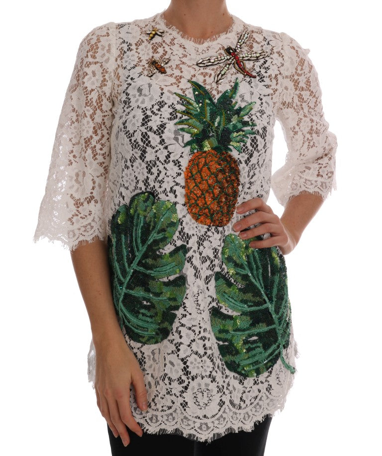 Dolce & Gabbana White Crystal Embellished Lace Blouse | Regal Royce