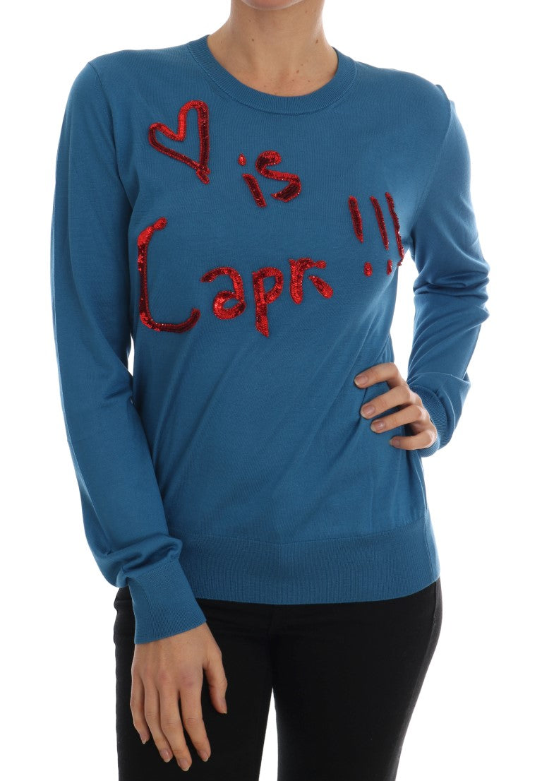 Dolce & Gabbana Blue Silk Love is Pullover Sweater | Regal Royce