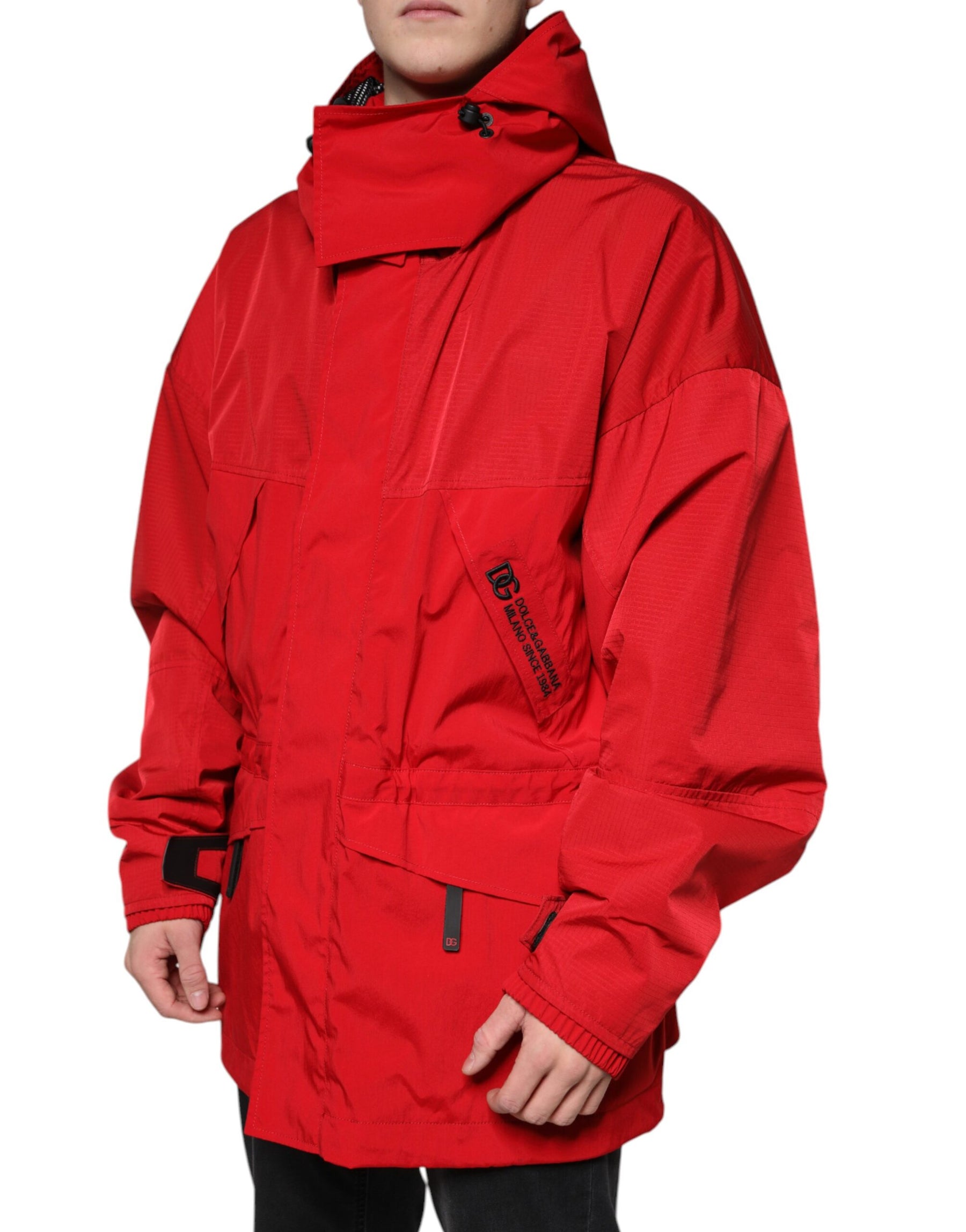 Dolce & Gabbana Red Nylon Hooded Men Full Zip Parka Jacket | Regal Royce