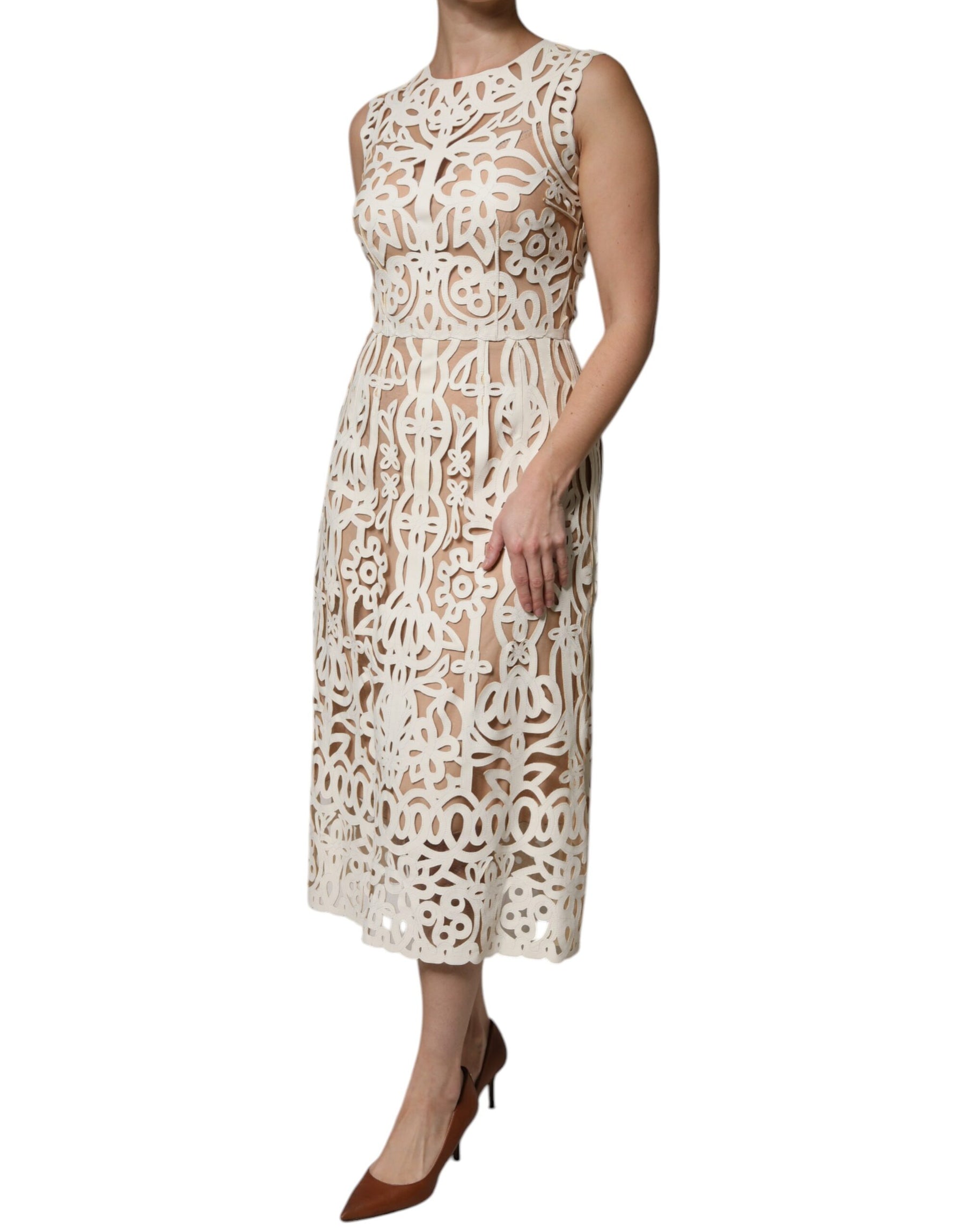 Dolce & Gabbana White Cut Out Leather Sleeveless Midi Dress | Regal Royce