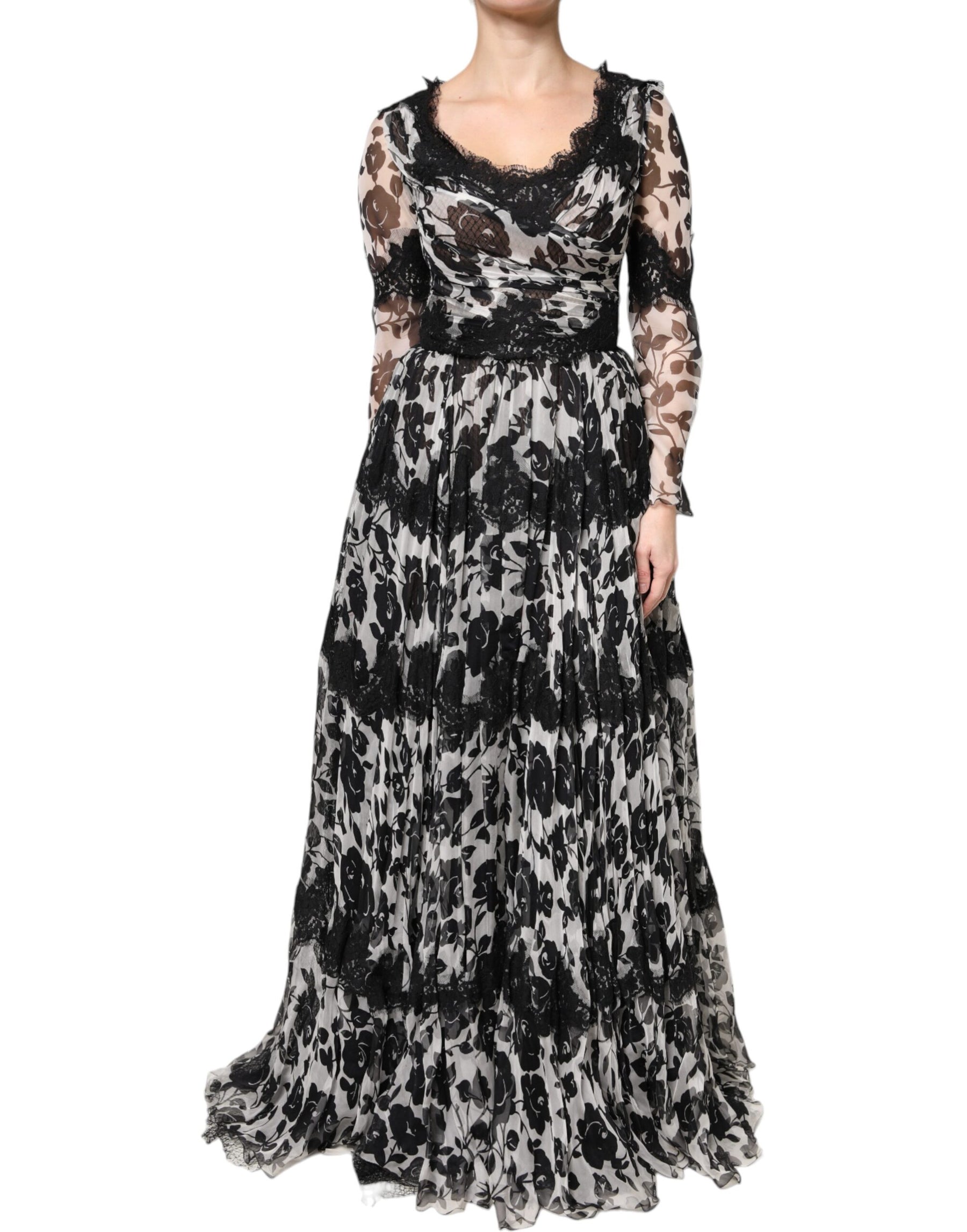 Dolce & Gabbana Black Silk Floral Lace Ricamo Ball Maxi Dress | Regal Royce