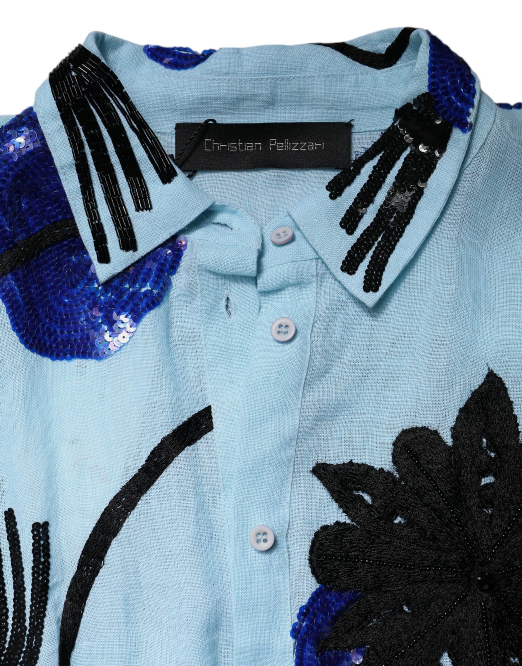 Christian Pellizzari Light Blue Floral Embellished Shirt Maxi Dress | Regal Royce