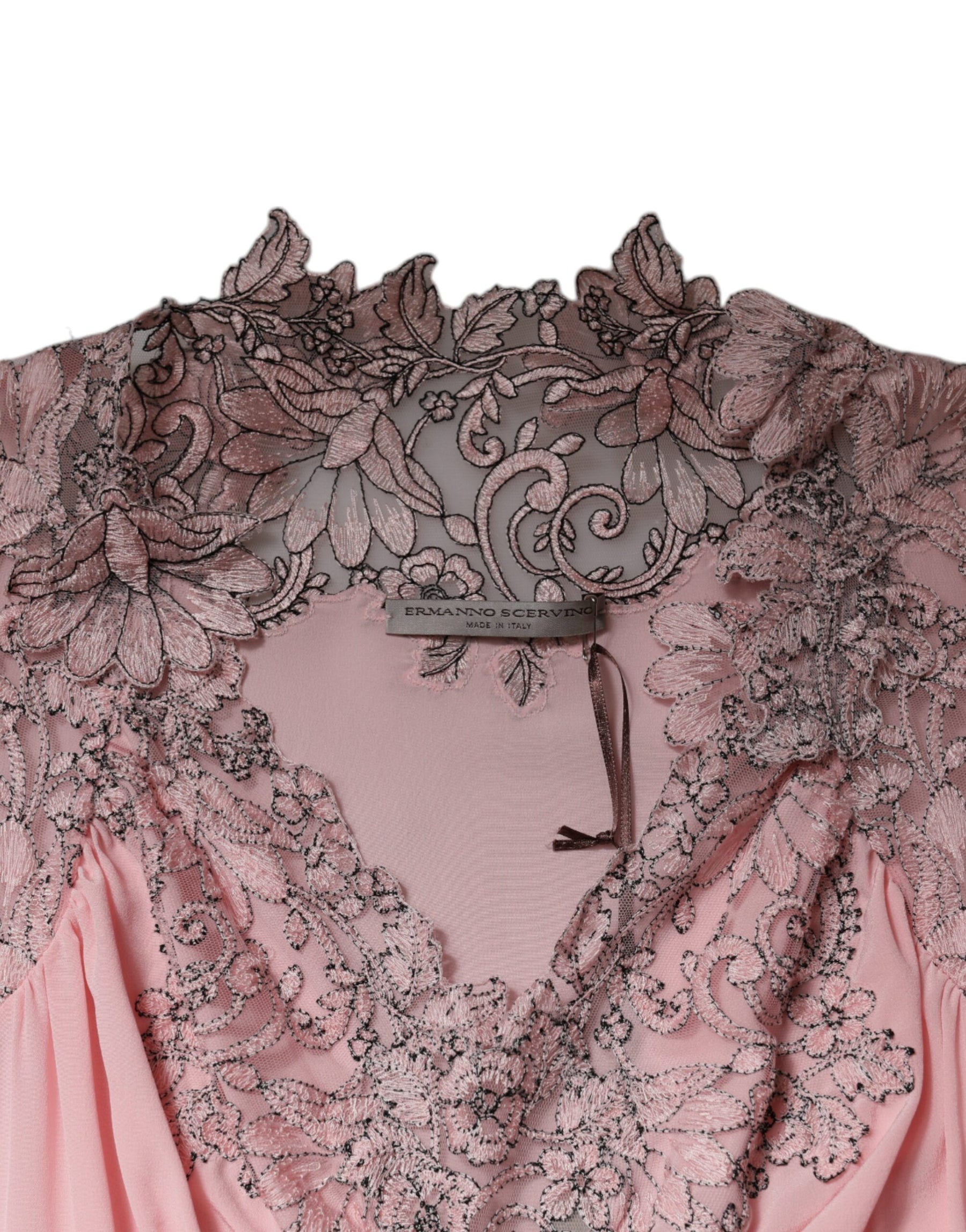 Ermanno Scervino Pink Floral Lace Short Sleeves V-neck Midi Dress | Regal Royce