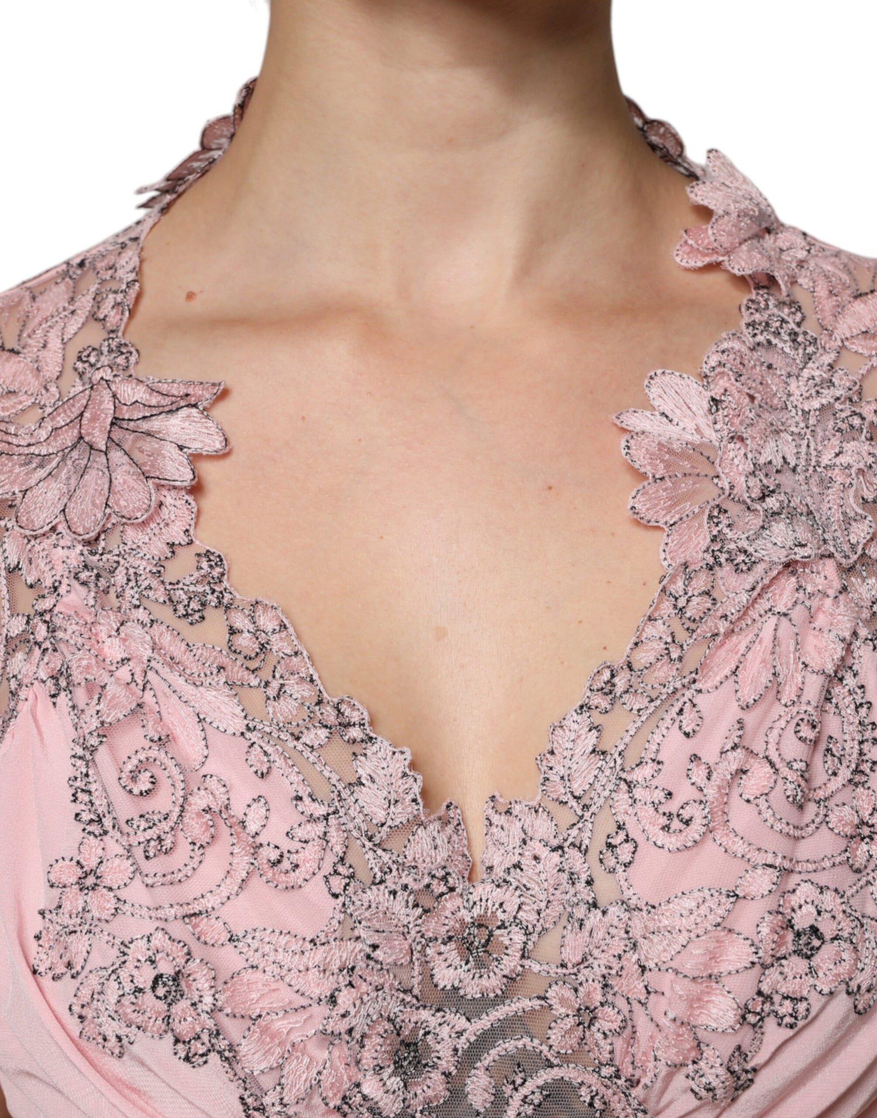 Ermanno Scervino Pink Floral Lace Short Sleeves V-neck Midi Dress | Regal Royce
