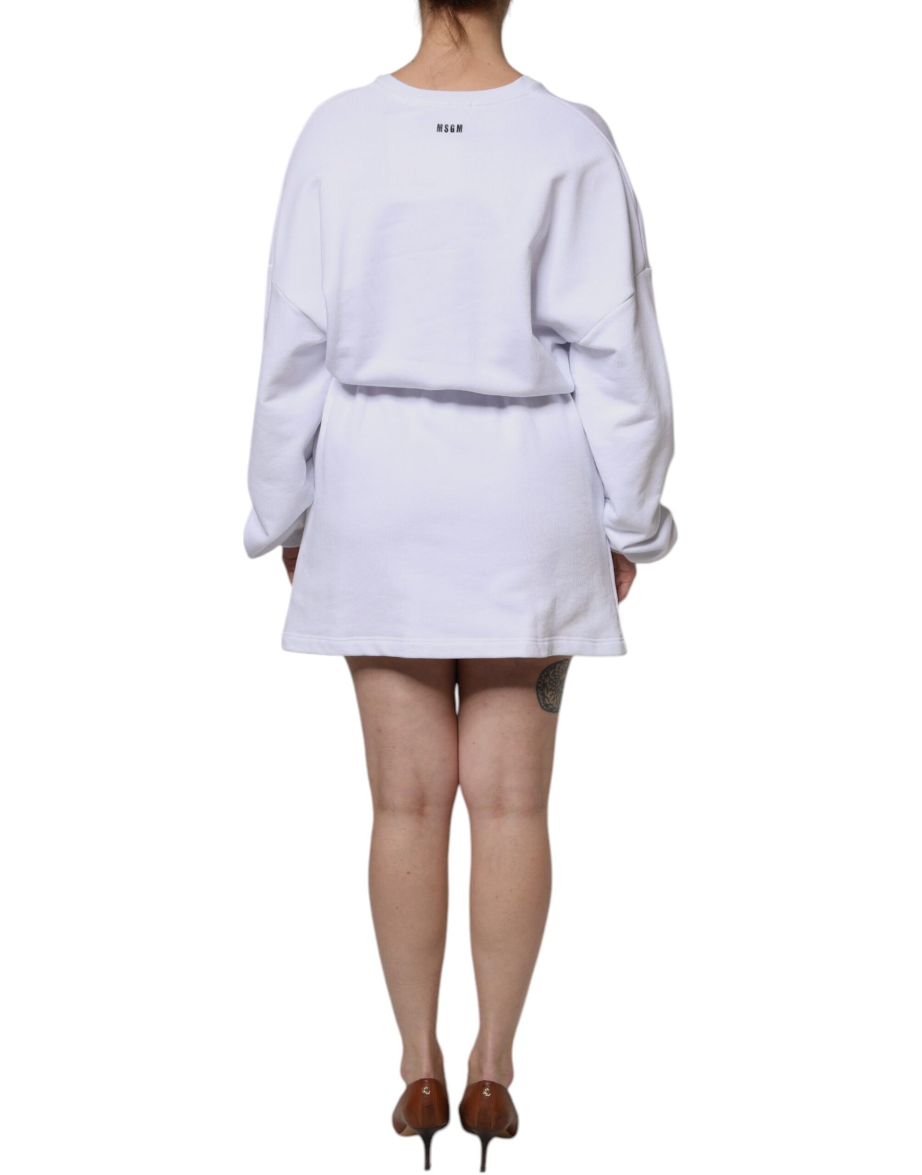 MSGM White Cotton Belted Long Sleeves Crew Neck Mini Dress | Regal Royce