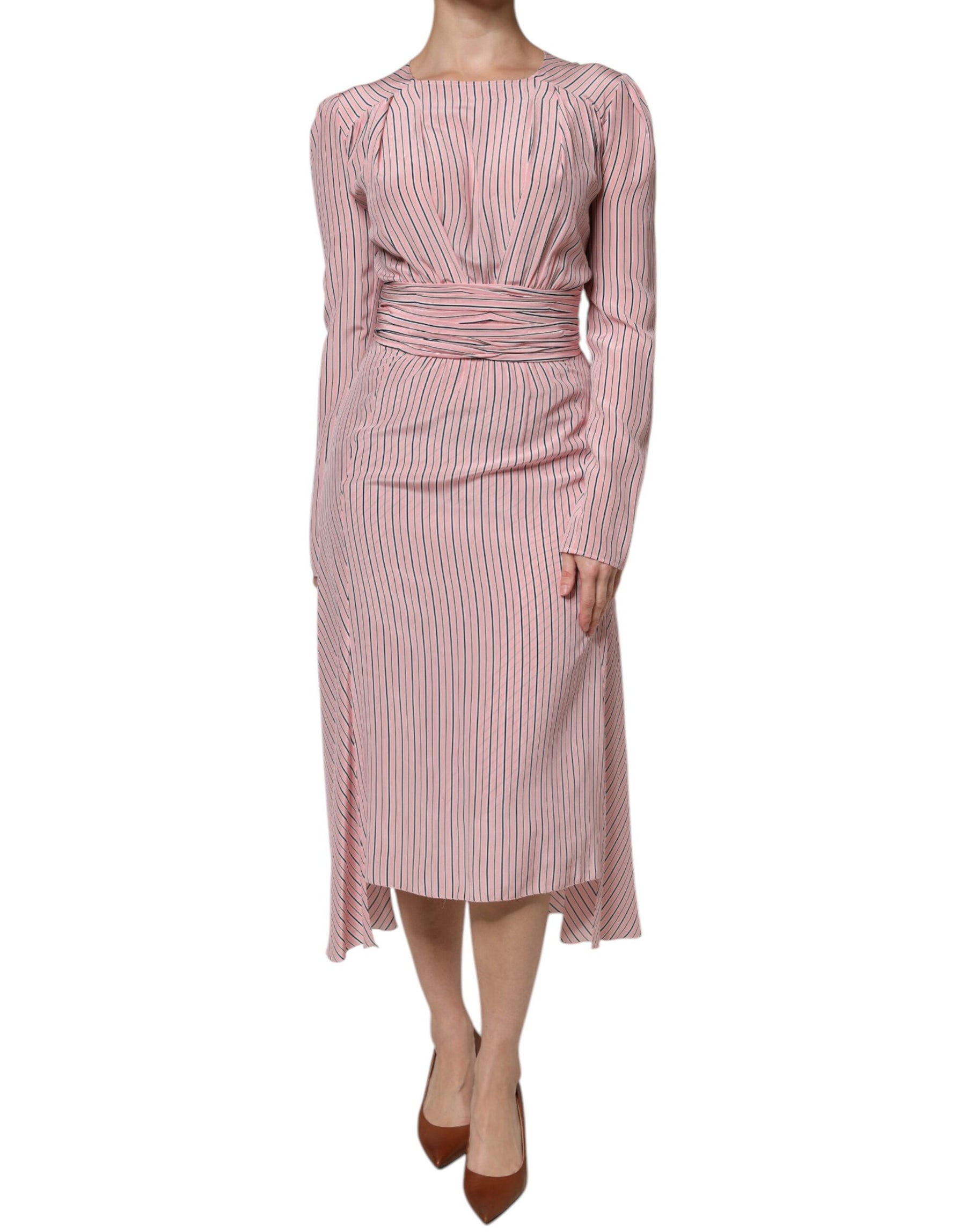 Ermanno Scervino Pink Stripes Silk Long Sleeves Midi Dress | Regal Royce